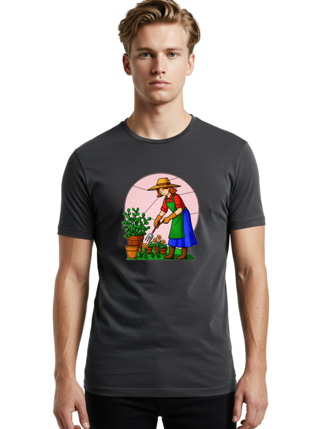 Gardener-Tending-Plants Men'S Graphic Tee, 100% Cotton, Comfortable Casual Summer Wear, Machine Washable, Gardening, Woman Gardening, Tending Potted Plants, Cactus, Flowers, Gardening Tools, Outdoor Activity, Nurturing Plants, Baa716