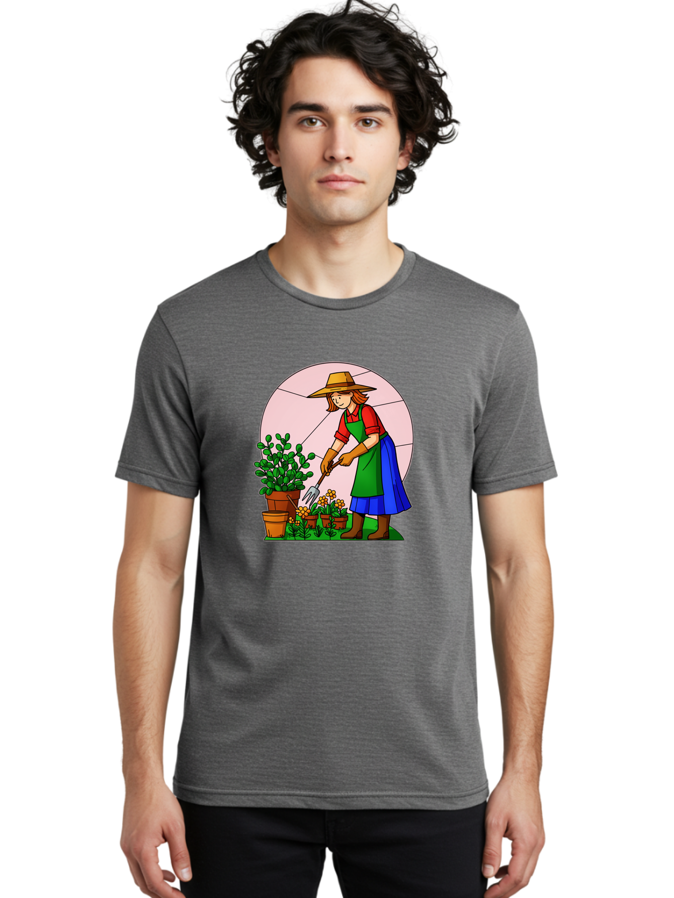 Gardener-Tending-Plants Men'S Graphic Tee, 100% Cotton, Comfortable Casual Summer Wear, Machine Washable, Gardening, Woman Gardening, Tending Potted Plants, Cactus, Flowers, Gardening Tools, Outdoor Activity, Nurturing Plants, Baa716