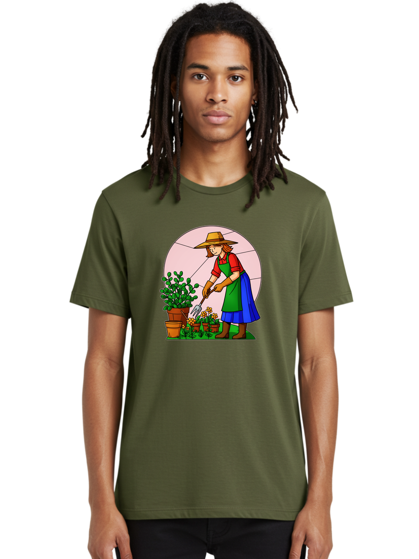 Gardener-Tending-Plants Men'S Graphic Tee, 100% Cotton, Comfortable Casual Summer Wear, Machine Washable, Gardening, Woman Gardening, Tending Potted Plants, Cactus, Flowers, Gardening Tools, Outdoor Activity, Nurturing Plants, Baa716