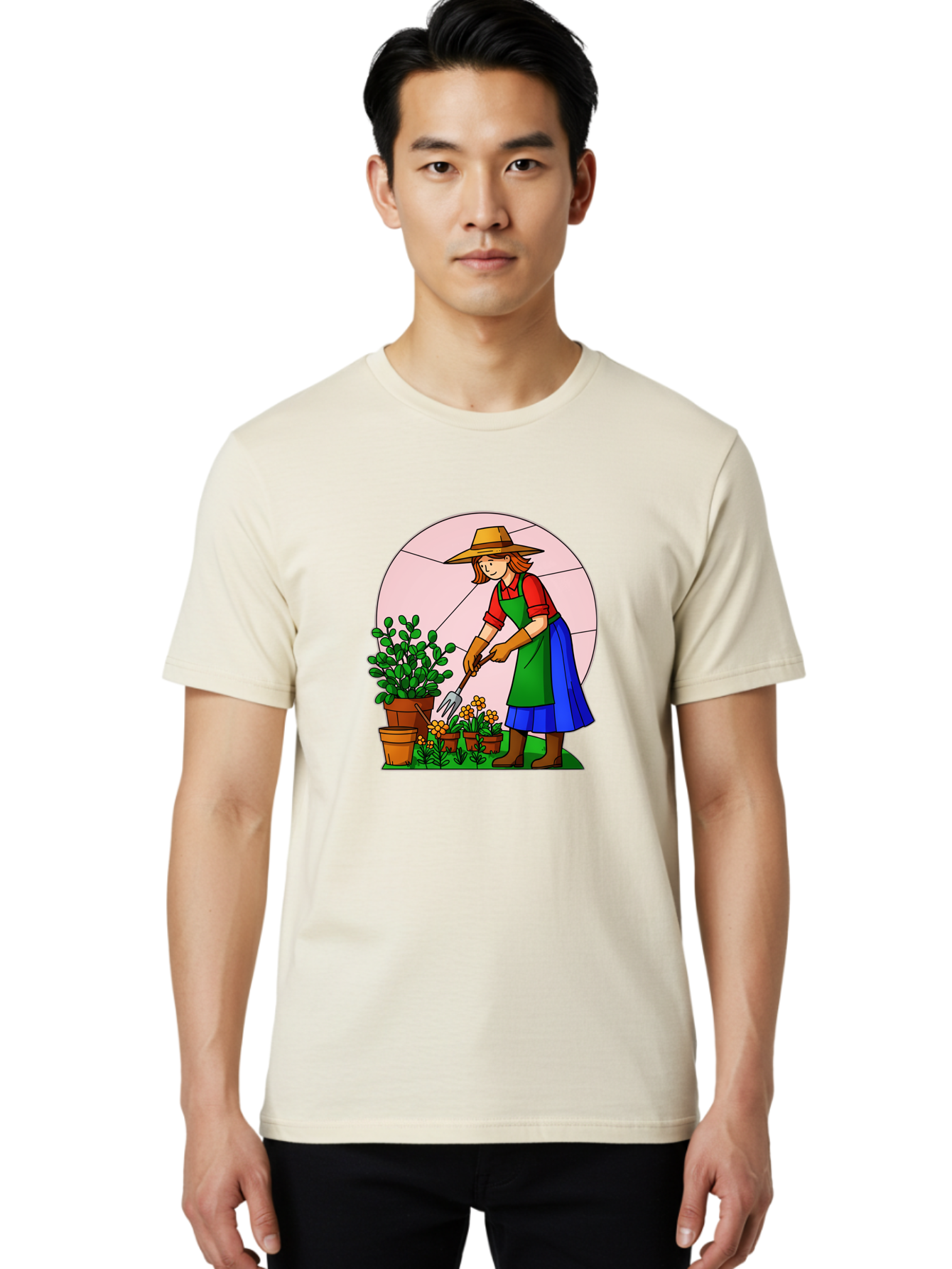 Gardener-Tending-Plants Men'S Graphic Tee, 100% Cotton, Comfortable Casual Summer Wear, Machine Washable, Gardening, Woman Gardening, Tending Potted Plants, Cactus, Flowers, Gardening Tools, Outdoor Activity, Nurturing Plants, Baa716