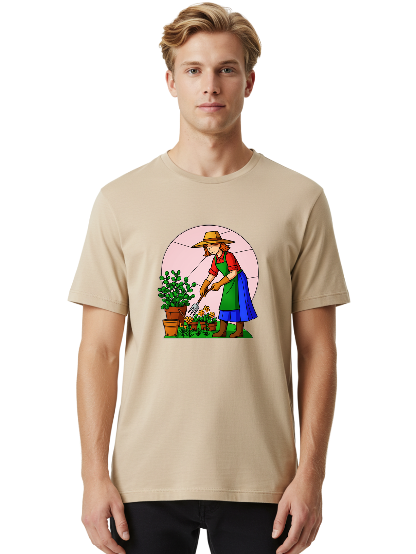 Gardener-Tending-Plants Men'S Graphic Tee, 100% Cotton, Comfortable Casual Summer Wear, Machine Washable, Gardening, Woman Gardening, Tending Potted Plants, Cactus, Flowers, Gardening Tools, Outdoor Activity, Nurturing Plants, Baa716
