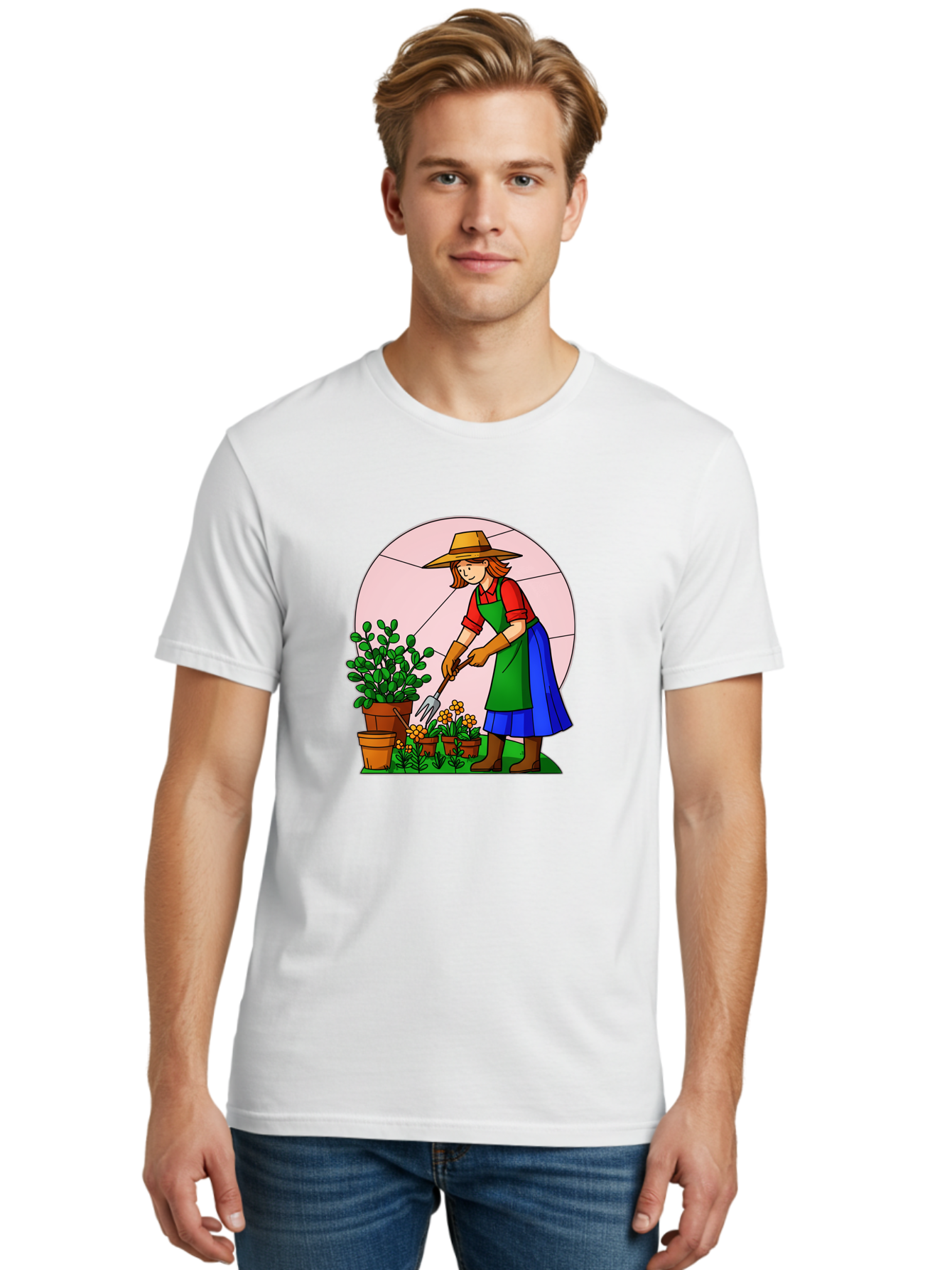 Gardener-Tending-Plants Men'S Graphic Tee, 100% Cotton, Comfortable Casual Summer Wear, Machine Washable, Gardening, Woman Gardening, Tending Potted Plants, Cactus, Flowers, Gardening Tools, Outdoor Activity, Nurturing Plants, Baa716