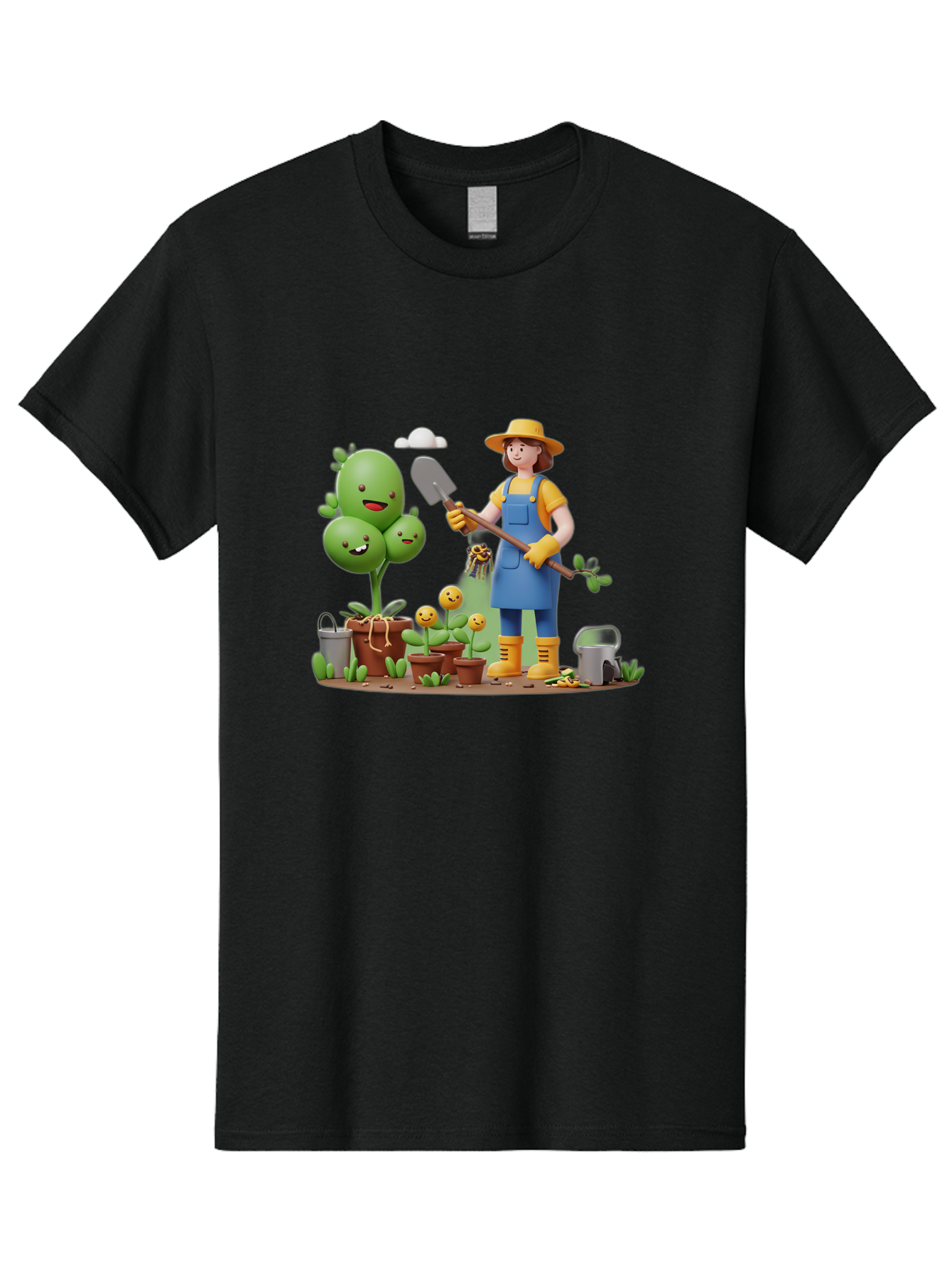 Gardener-With-Cartoon-Plants Men'S Graphic Tee, 100% Cotton, Comfortable Casual Summer Wear, Machine Washable, Cartoon Gardener, Gardening Tools, Potted Plants, Smiling Plants, Gardening Gloves, Watering Can, Gardening Overalls, Baa717