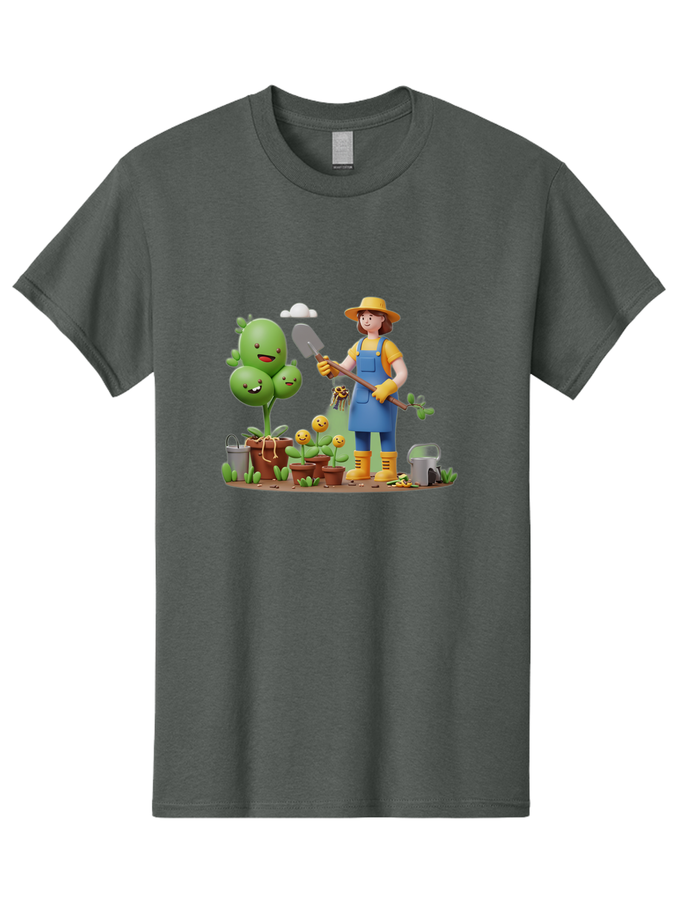 Gardener-With-Cartoon-Plants Men'S Graphic Tee, 100% Cotton, Comfortable Casual Summer Wear, Machine Washable, Cartoon Gardener, Gardening Tools, Potted Plants, Smiling Plants, Gardening Gloves, Watering Can, Gardening Overalls, Baa717