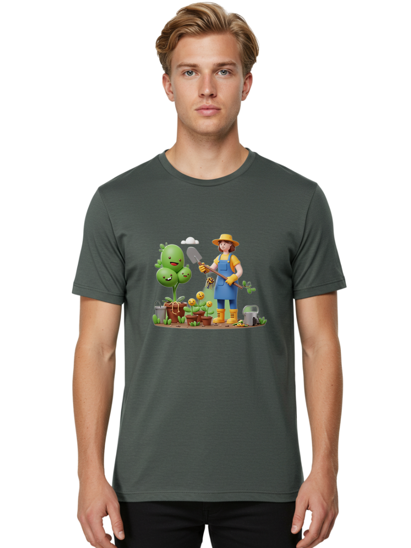 Gardener-With-Cartoon-Plants Men'S Graphic Tee, 100% Cotton, Comfortable Casual Summer Wear, Machine Washable, Cartoon Gardener, Gardening Tools, Potted Plants, Smiling Plants, Gardening Gloves, Watering Can, Gardening Overalls, Baa717