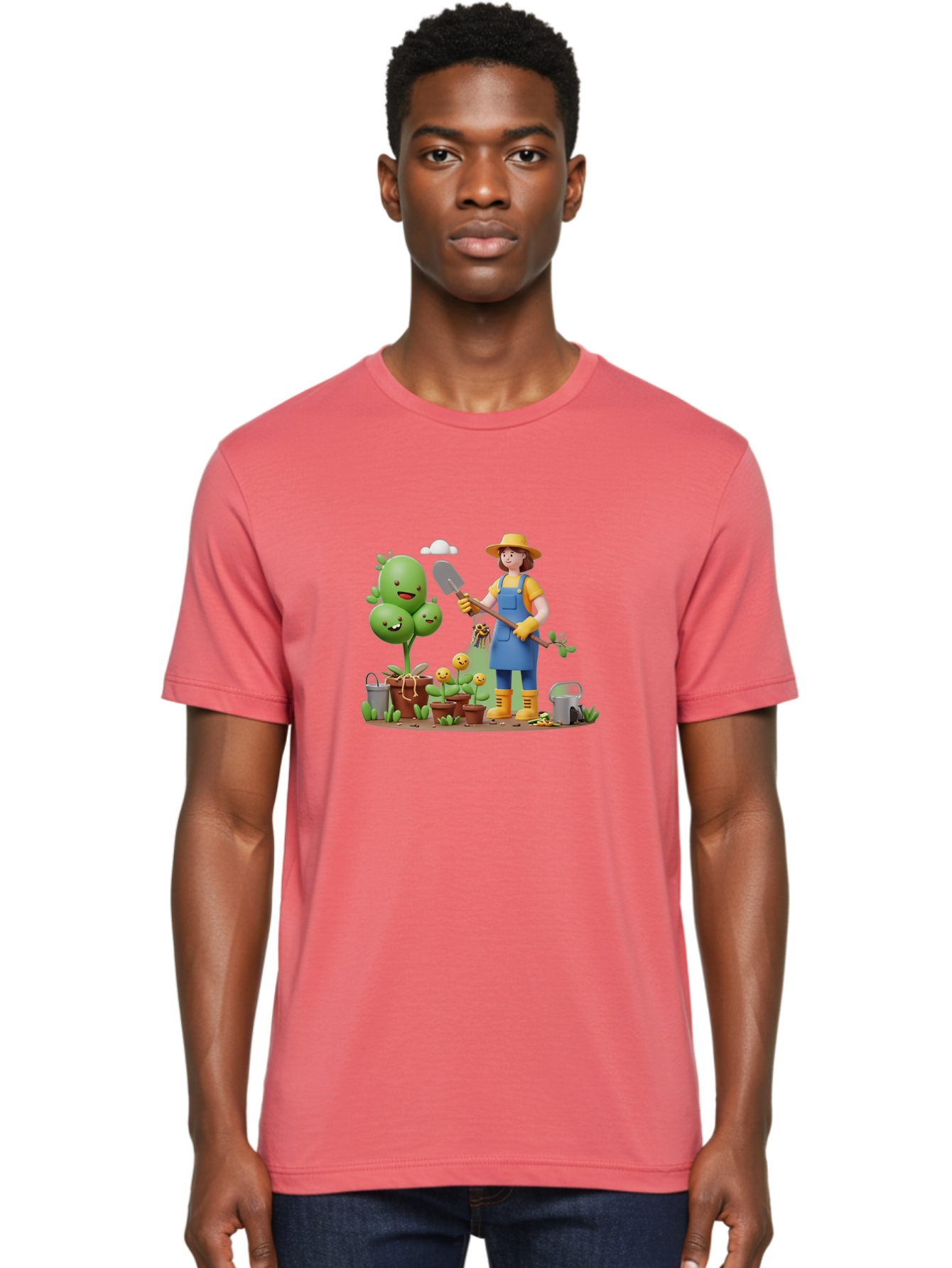 Gardener-With-Cartoon-Plants Men'S Graphic Tee, 100% Cotton, Comfortable Casual Summer Wear, Machine Washable, Cartoon Gardener, Gardening Tools, Potted Plants, Smiling Plants, Gardening Gloves, Watering Can, Gardening Overalls, Baa717