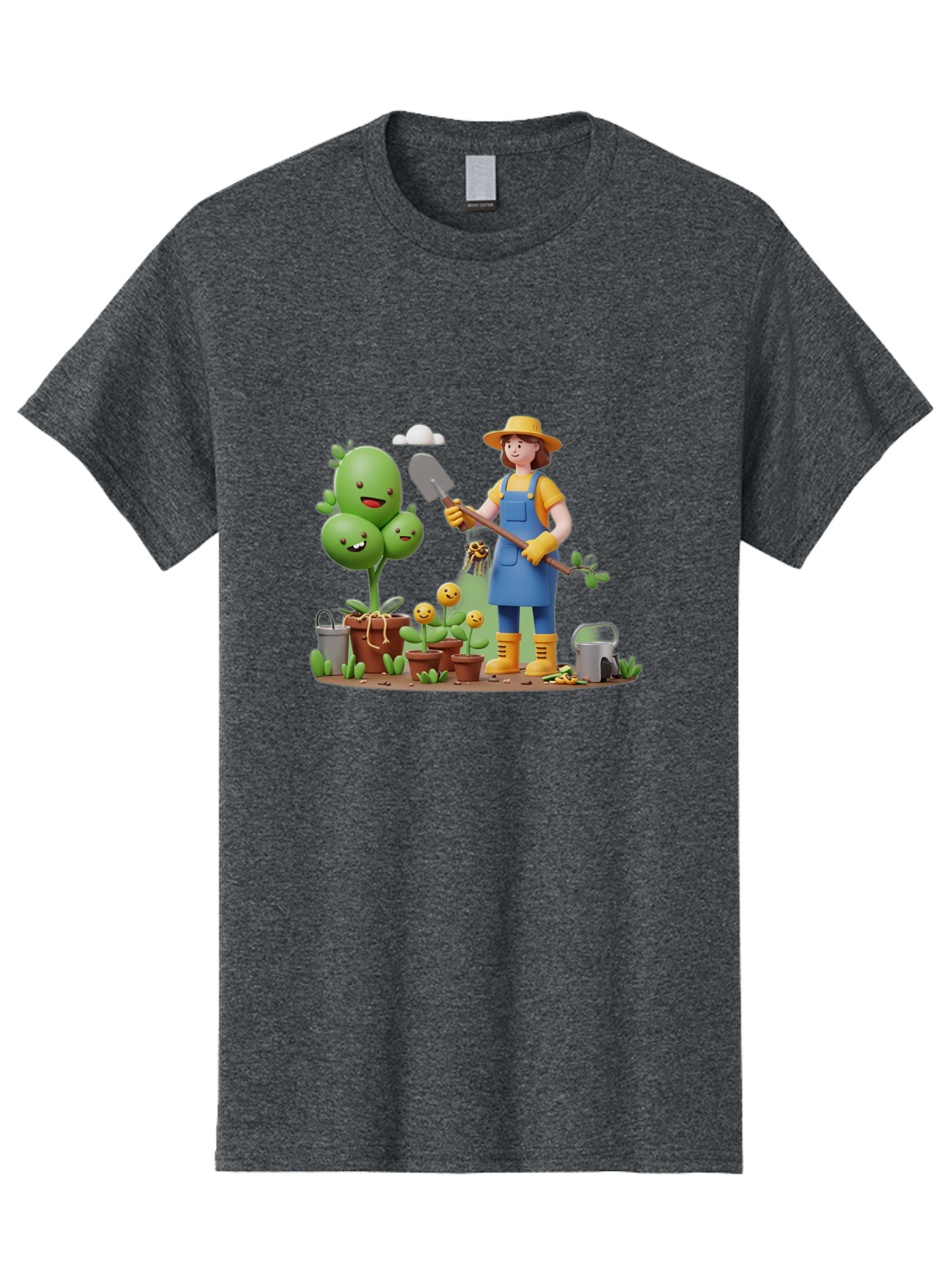 Gardener-With-Cartoon-Plants Men'S Graphic Tee, 100% Cotton, Comfortable Casual Summer Wear, Machine Washable, Cartoon Gardener, Gardening Tools, Potted Plants, Smiling Plants, Gardening Gloves, Watering Can, Gardening Overalls, Baa717