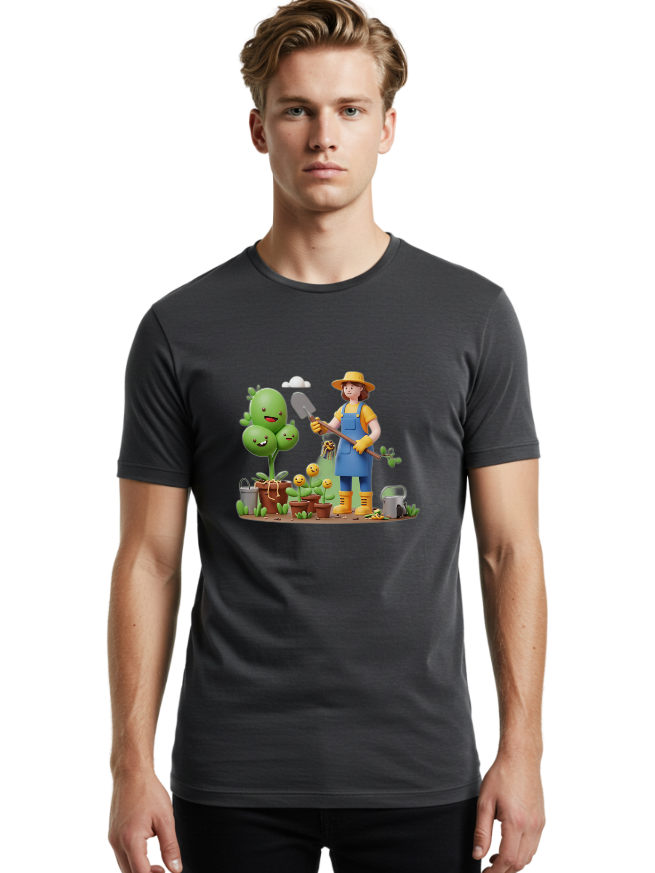 Gardener-With-Cartoon-Plants Men'S Graphic Tee, 100% Cotton, Comfortable Casual Summer Wear, Machine Washable, Cartoon Gardener, Gardening Tools, Potted Plants, Smiling Plants, Gardening Gloves, Watering Can, Gardening Overalls, Baa717