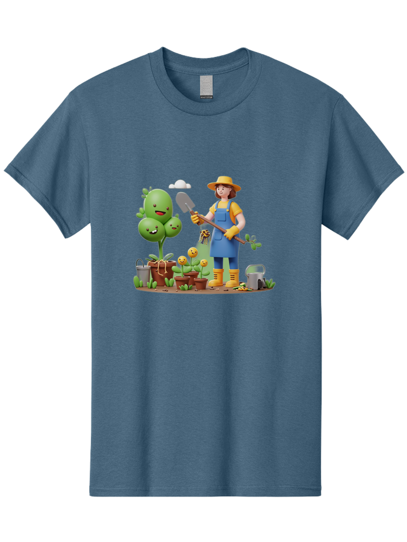 Gardener-With-Cartoon-Plants Men'S Graphic Tee, 100% Cotton, Comfortable Casual Summer Wear, Machine Washable, Cartoon Gardener, Gardening Tools, Potted Plants, Smiling Plants, Gardening Gloves, Watering Can, Gardening Overalls, Baa717