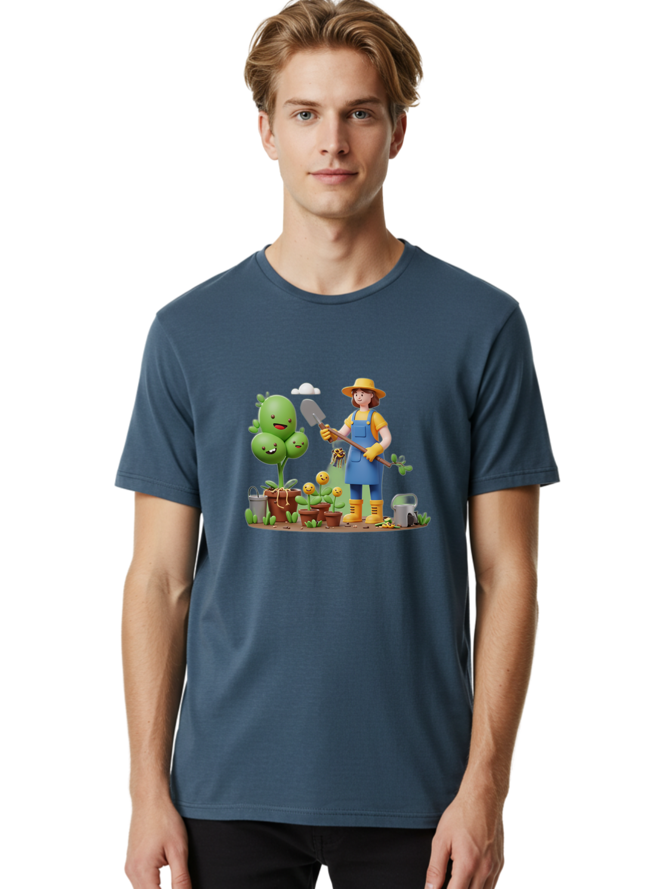 Gardener-With-Cartoon-Plants Men'S Graphic Tee, 100% Cotton, Comfortable Casual Summer Wear, Machine Washable, Cartoon Gardener, Gardening Tools, Potted Plants, Smiling Plants, Gardening Gloves, Watering Can, Gardening Overalls, Baa717