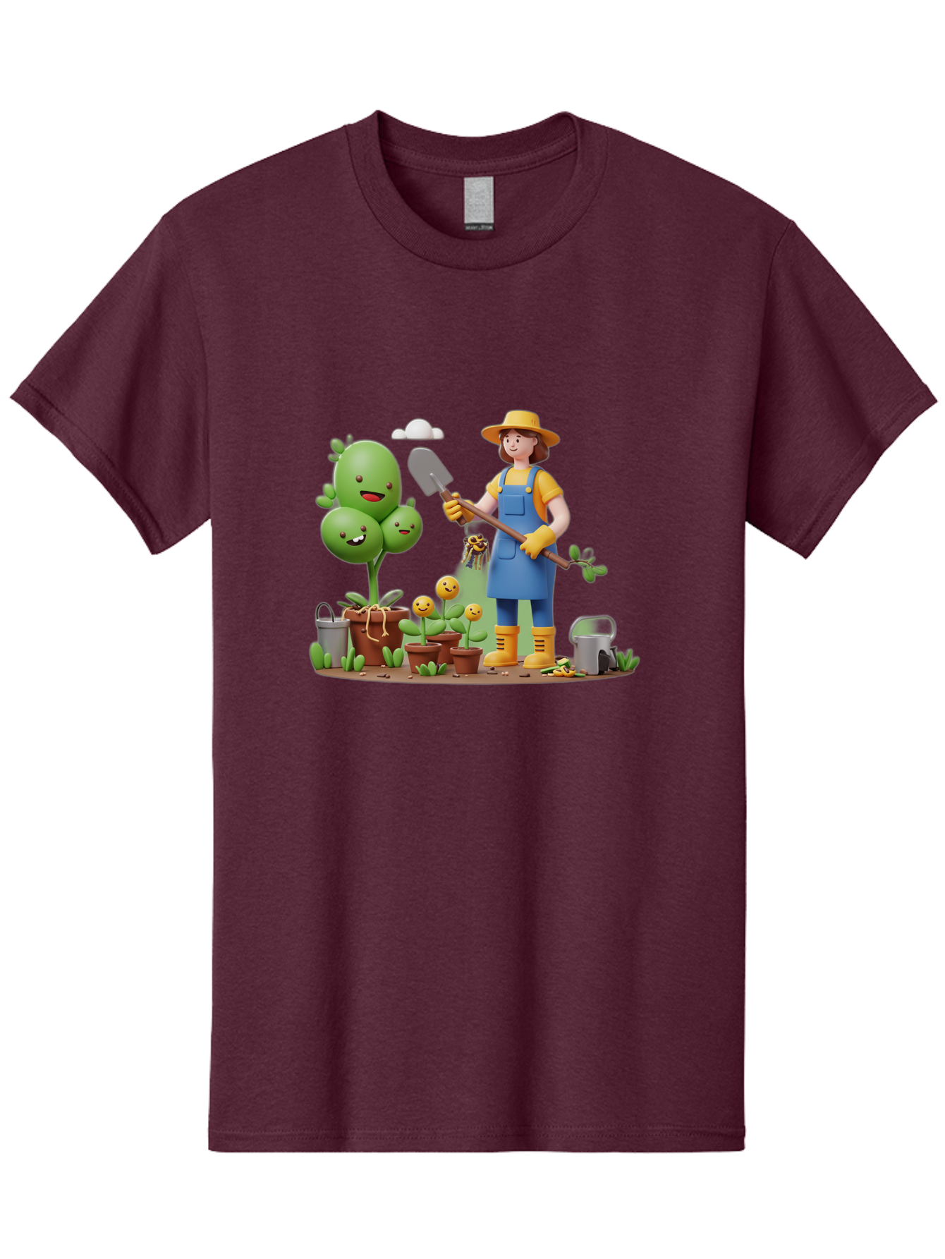 Gardener-With-Cartoon-Plants Men'S Graphic Tee, 100% Cotton, Comfortable Casual Summer Wear, Machine Washable, Cartoon Gardener, Gardening Tools, Potted Plants, Smiling Plants, Gardening Gloves, Watering Can, Gardening Overalls, Baa717