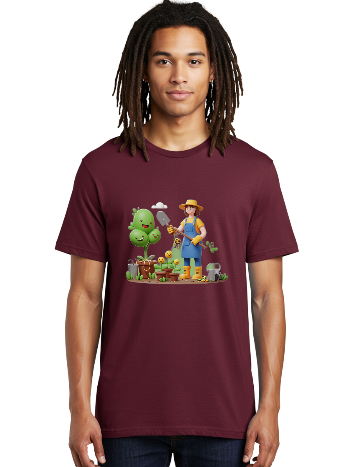 Gardener-With-Cartoon-Plants Men'S Graphic Tee, 100% Cotton, Comfortable Casual Summer Wear, Machine Washable, Cartoon Gardener, Gardening Tools, Potted Plants, Smiling Plants, Gardening Gloves, Watering Can, Gardening Overalls, Baa717
