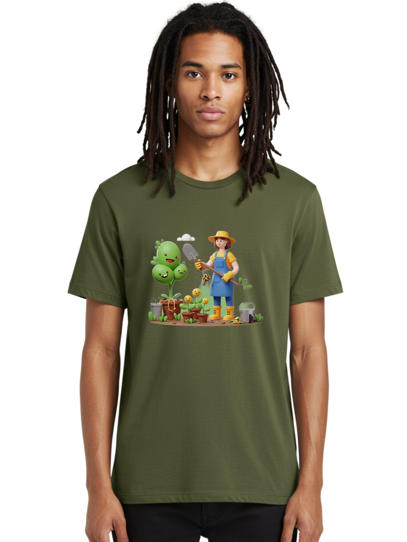 Gardener-With-Cartoon-Plants Men'S Graphic Tee, 100% Cotton, Comfortable Casual Summer Wear, Machine Washable, Cartoon Gardener, Gardening Tools, Potted Plants, Smiling Plants, Gardening Gloves, Watering Can, Gardening Overalls, Baa717