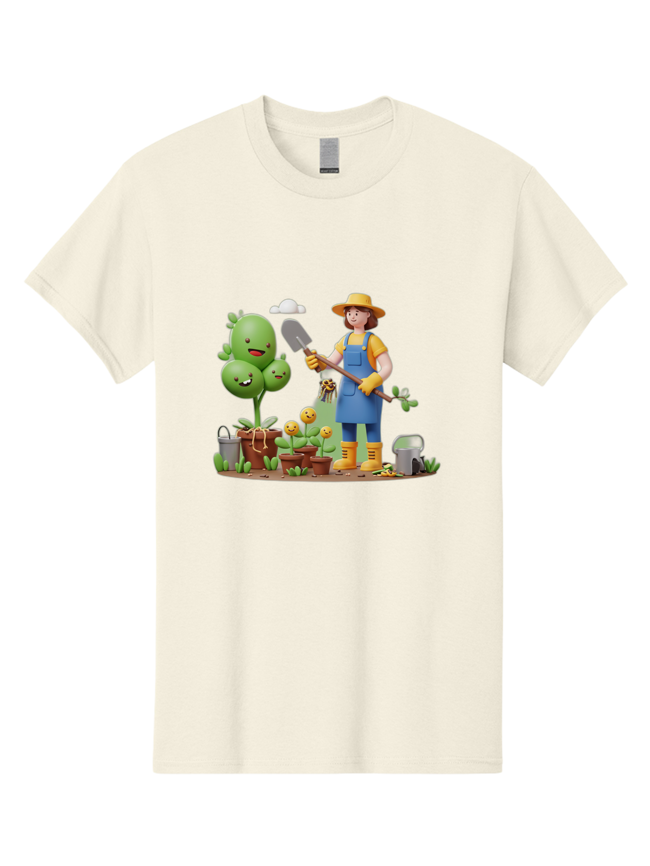 Gardener-With-Cartoon-Plants Men'S Graphic Tee, 100% Cotton, Comfortable Casual Summer Wear, Machine Washable, Cartoon Gardener, Gardening Tools, Potted Plants, Smiling Plants, Gardening Gloves, Watering Can, Gardening Overalls, Baa717