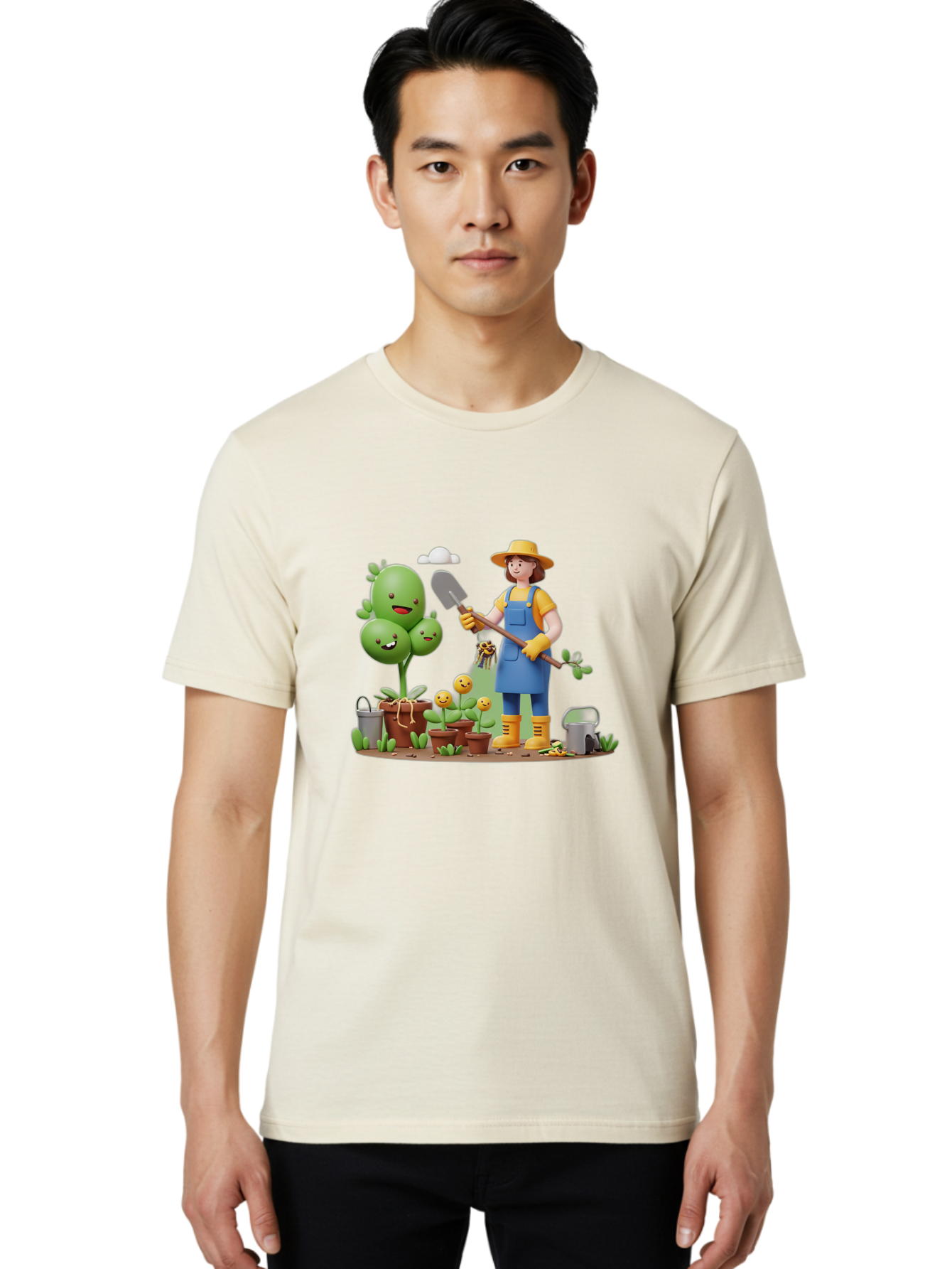 Gardener-With-Cartoon-Plants Men'S Graphic Tee, 100% Cotton, Comfortable Casual Summer Wear, Machine Washable, Cartoon Gardener, Gardening Tools, Potted Plants, Smiling Plants, Gardening Gloves, Watering Can, Gardening Overalls, Baa717