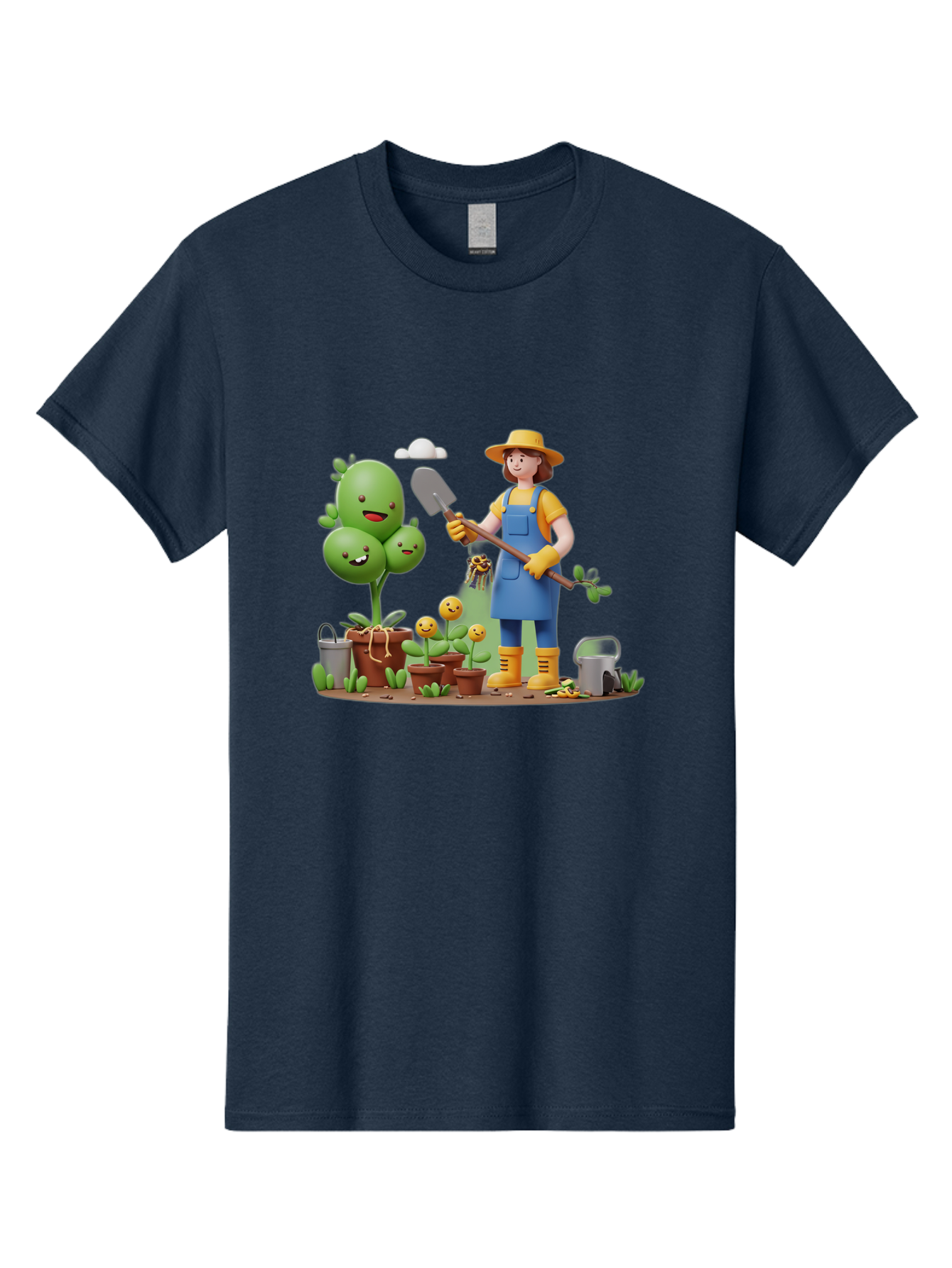 Gardener-With-Cartoon-Plants Men'S Graphic Tee, 100% Cotton, Comfortable Casual Summer Wear, Machine Washable, Cartoon Gardener, Gardening Tools, Potted Plants, Smiling Plants, Gardening Gloves, Watering Can, Gardening Overalls, Baa717