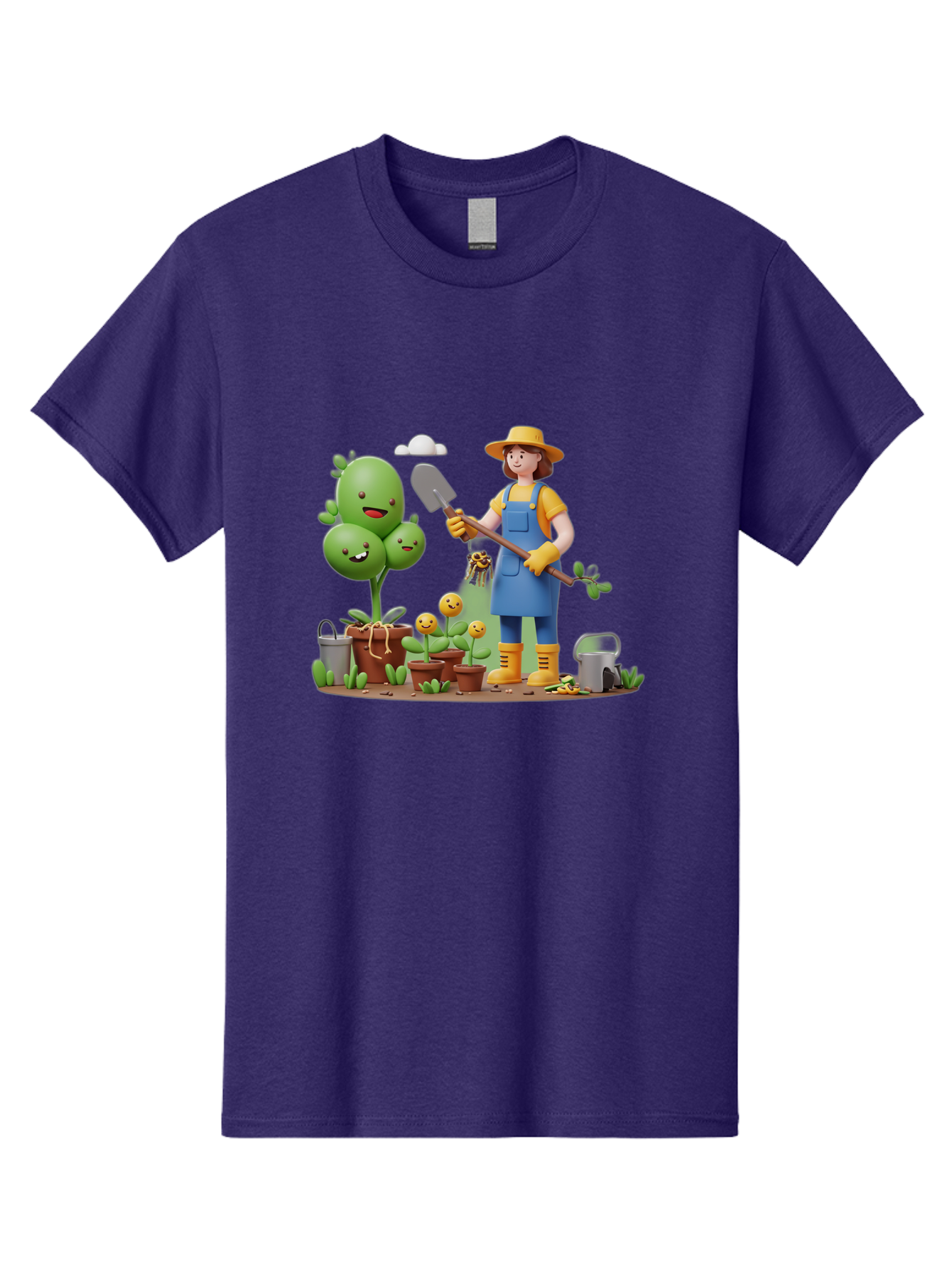 Gardener-With-Cartoon-Plants Men'S Graphic Tee, 100% Cotton, Comfortable Casual Summer Wear, Machine Washable, Cartoon Gardener, Gardening Tools, Potted Plants, Smiling Plants, Gardening Gloves, Watering Can, Gardening Overalls, Baa717