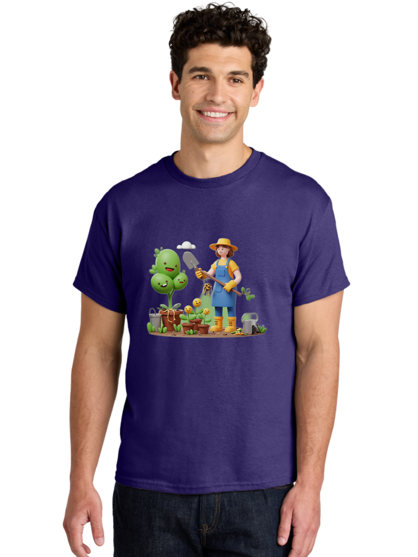 Gardener-With-Cartoon-Plants Men'S Graphic Tee, 100% Cotton, Comfortable Casual Summer Wear, Machine Washable, Cartoon Gardener, Gardening Tools, Potted Plants, Smiling Plants, Gardening Gloves, Watering Can, Gardening Overalls, Baa717