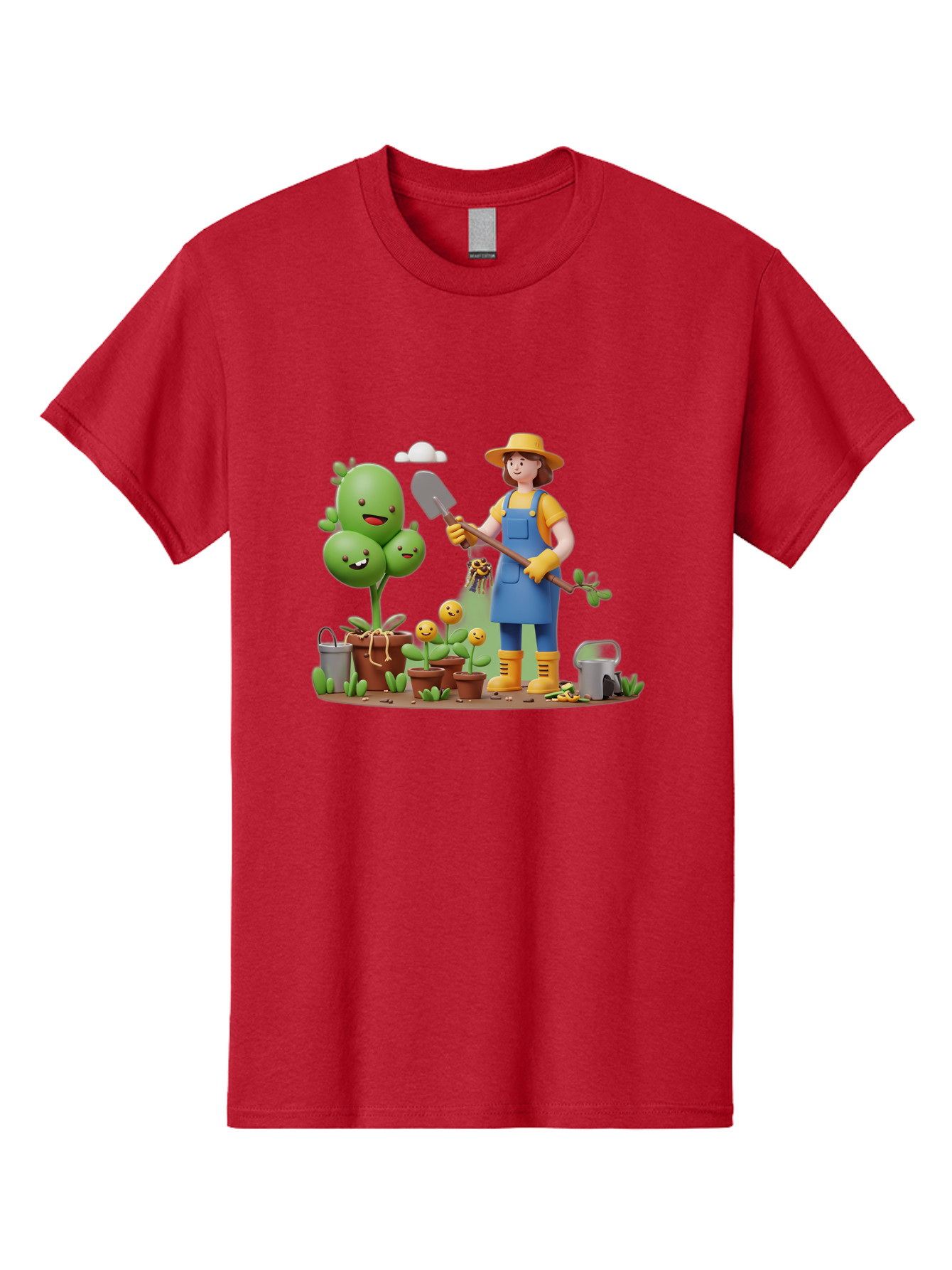 Gardener-With-Cartoon-Plants Men'S Graphic Tee, 100% Cotton, Comfortable Casual Summer Wear, Machine Washable, Cartoon Gardener, Gardening Tools, Potted Plants, Smiling Plants, Gardening Gloves, Watering Can, Gardening Overalls, Baa717