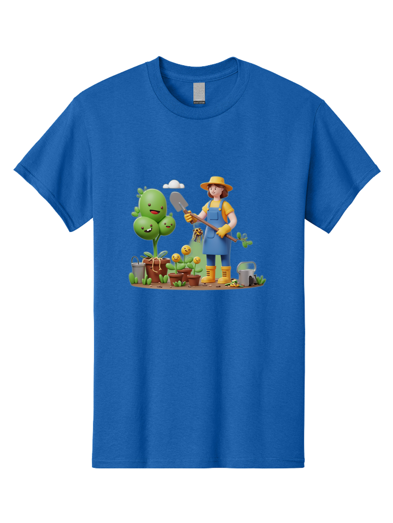 Gardener-With-Cartoon-Plants Men'S Graphic Tee, 100% Cotton, Comfortable Casual Summer Wear, Machine Washable, Cartoon Gardener, Gardening Tools, Potted Plants, Smiling Plants, Gardening Gloves, Watering Can, Gardening Overalls, Baa717
