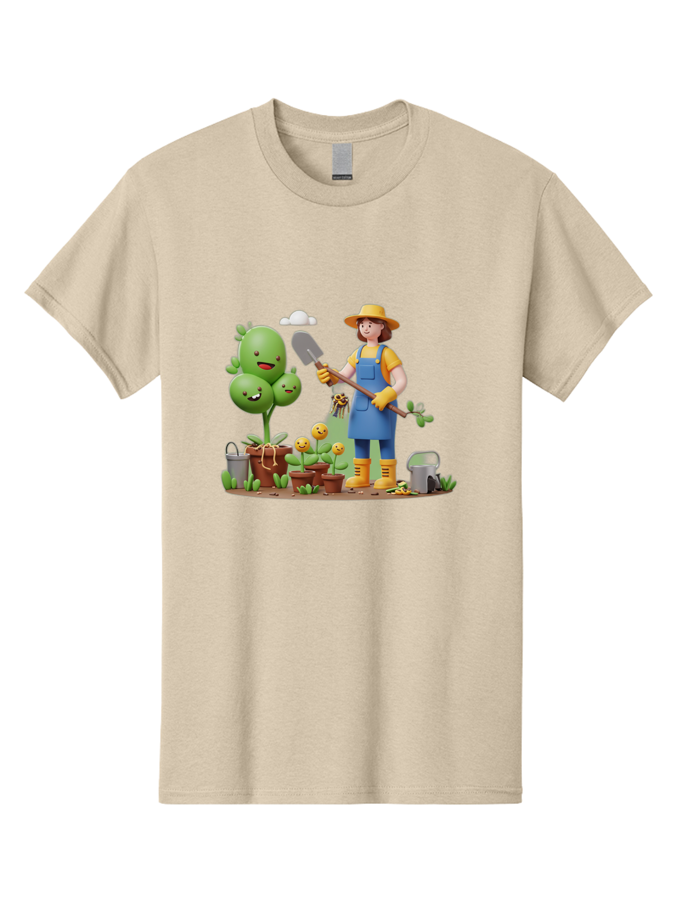 Gardener-With-Cartoon-Plants Men'S Graphic Tee, 100% Cotton, Comfortable Casual Summer Wear, Machine Washable, Cartoon Gardener, Gardening Tools, Potted Plants, Smiling Plants, Gardening Gloves, Watering Can, Gardening Overalls, Baa717