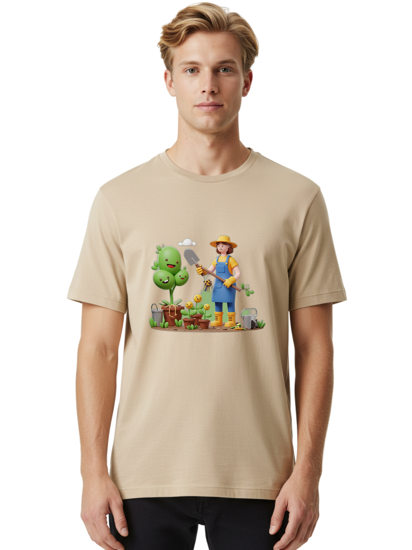 Gardener-With-Cartoon-Plants Men'S Graphic Tee, 100% Cotton, Comfortable Casual Summer Wear, Machine Washable, Cartoon Gardener, Gardening Tools, Potted Plants, Smiling Plants, Gardening Gloves, Watering Can, Gardening Overalls, Baa717