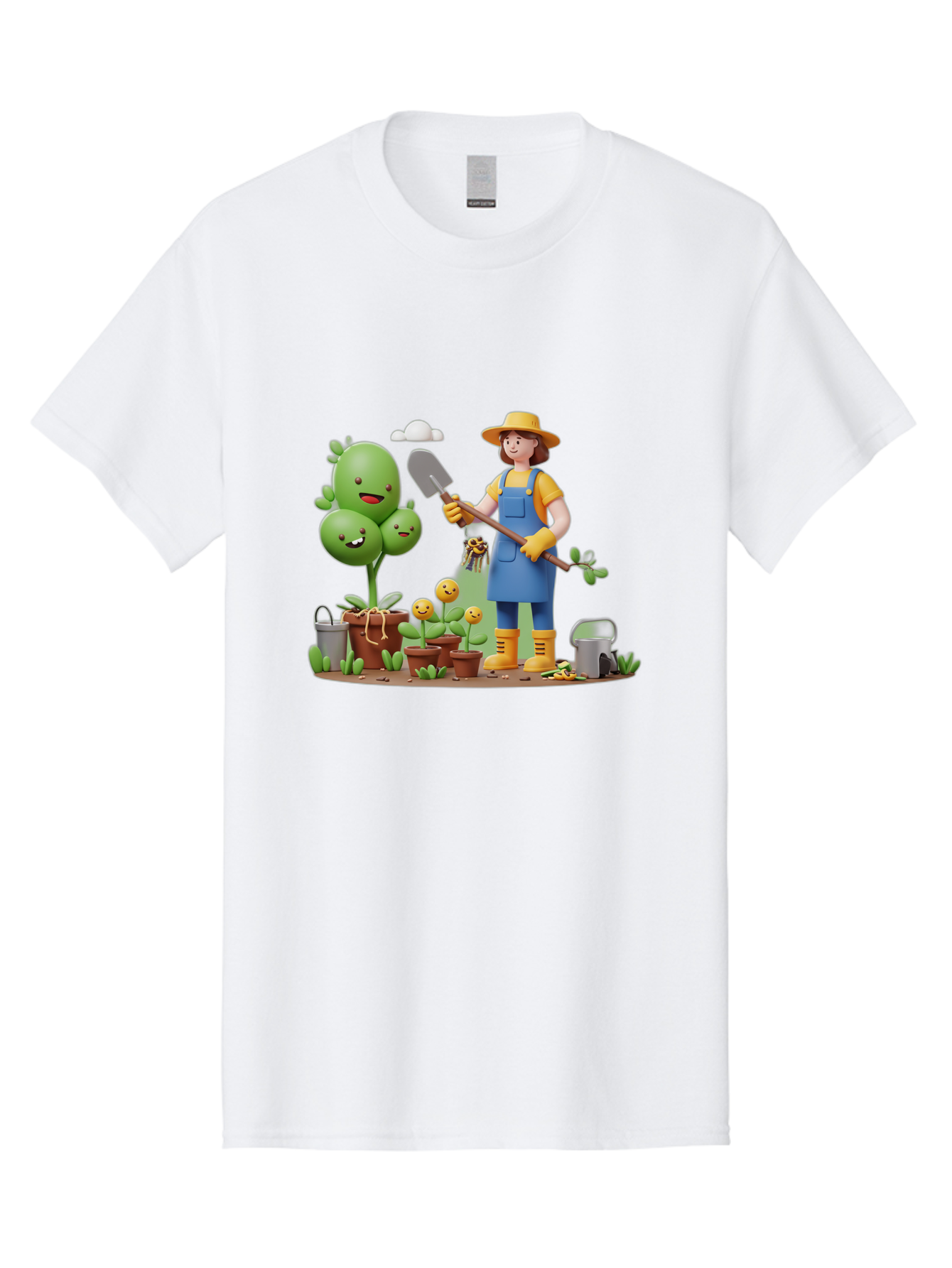 Gardener-With-Cartoon-Plants Men'S Graphic Tee, 100% Cotton, Comfortable Casual Summer Wear, Machine Washable, Cartoon Gardener, Gardening Tools, Potted Plants, Smiling Plants, Gardening Gloves, Watering Can, Gardening Overalls, Baa717