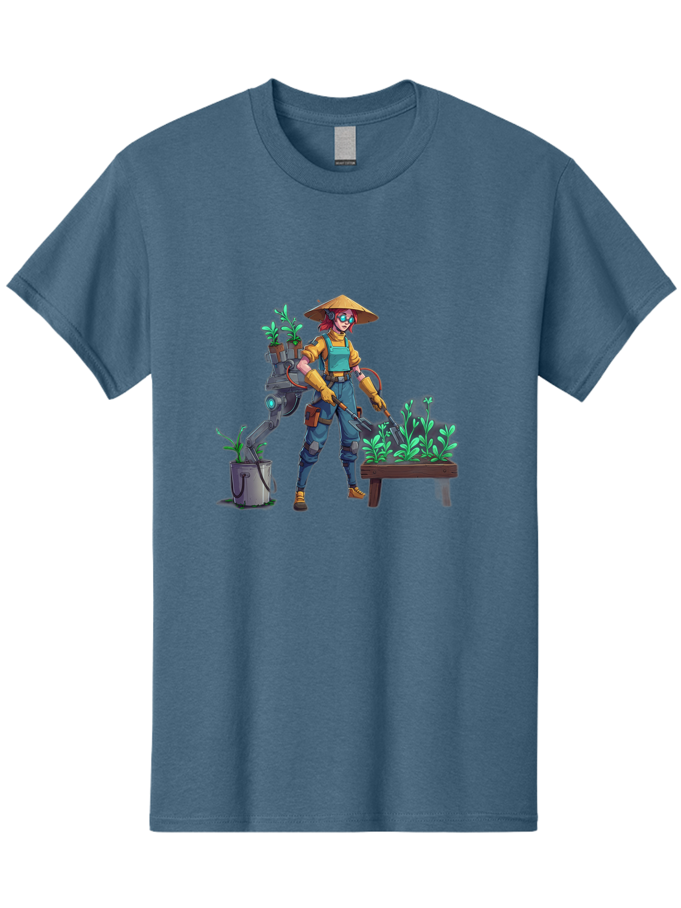 Gardener-With-Robot Men'S Graphic Tee, 100% Cotton, Comfortable Casual Summer Wear, Machine Washable, Female Farmer, Gardening Tools, Robotic Assistant, Green Plants, Potted Plants, Water Hose, Gardening Apron, Conical Hat, Farming Technology, Baa718