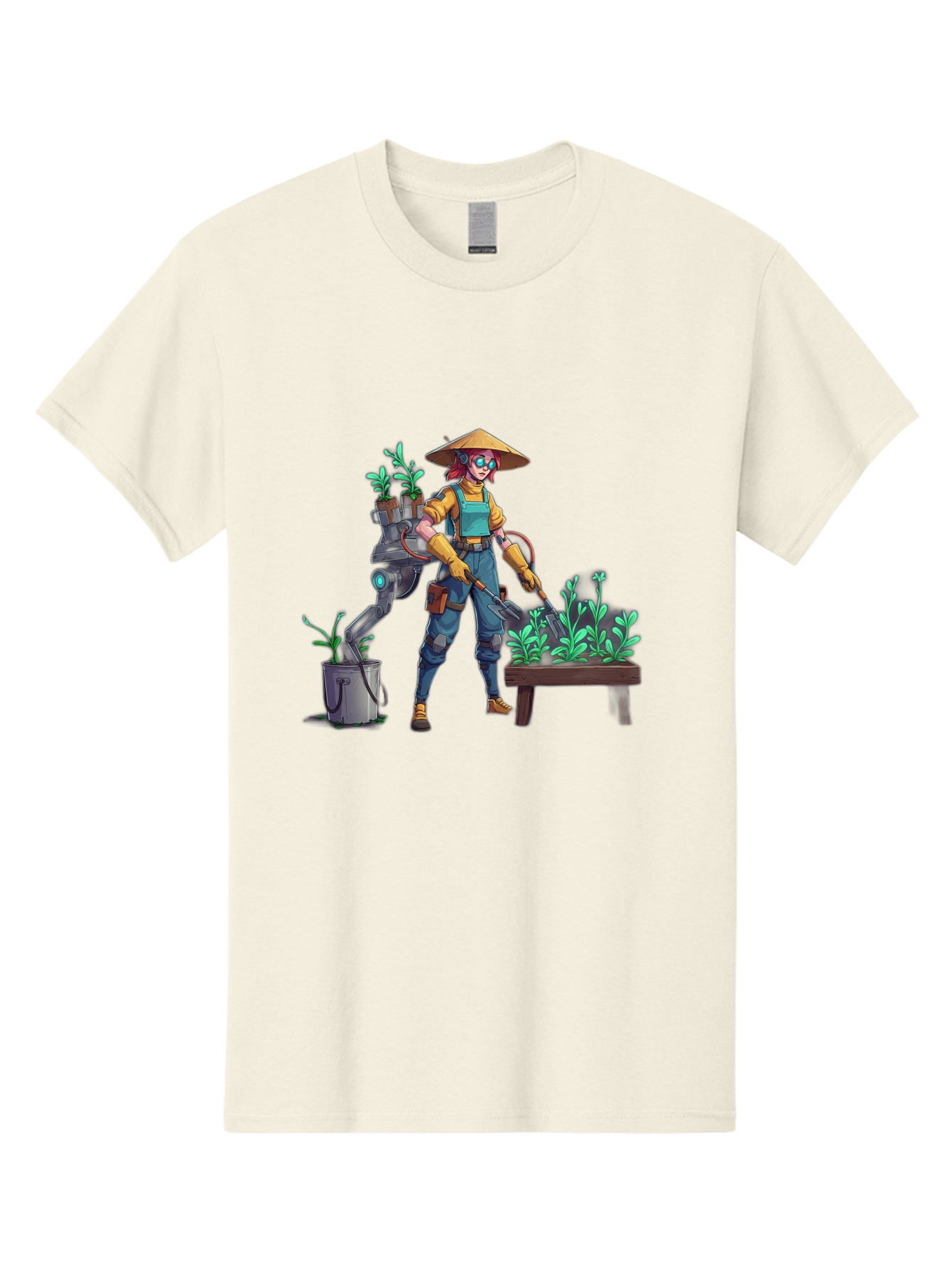 Gardener-With-Robot Men'S Graphic Tee, 100% Cotton, Comfortable Casual Summer Wear, Machine Washable, Female Farmer, Gardening Tools, Robotic Assistant, Green Plants, Potted Plants, Water Hose, Gardening Apron, Conical Hat, Farming Technology, Baa718