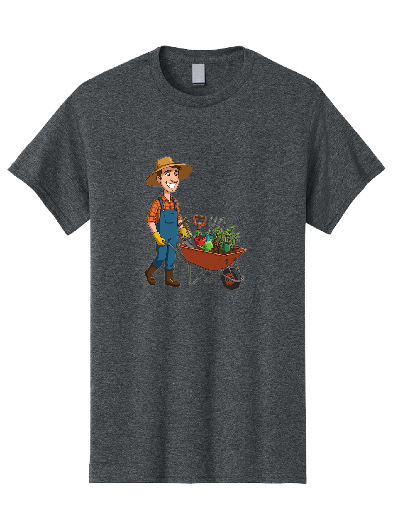 Gardener-With-Wheelbarrow Men'S Graphic Tee, 100% Cotton, Comfortable Casual Summer Wear, Machine Washable, Gardener Pushing Wheelbarrow, Gardening Tools, Plants In Pots, Farmer Wear, Overalls And Hat, Gardening Activities, Outdoor Work, Baa719
