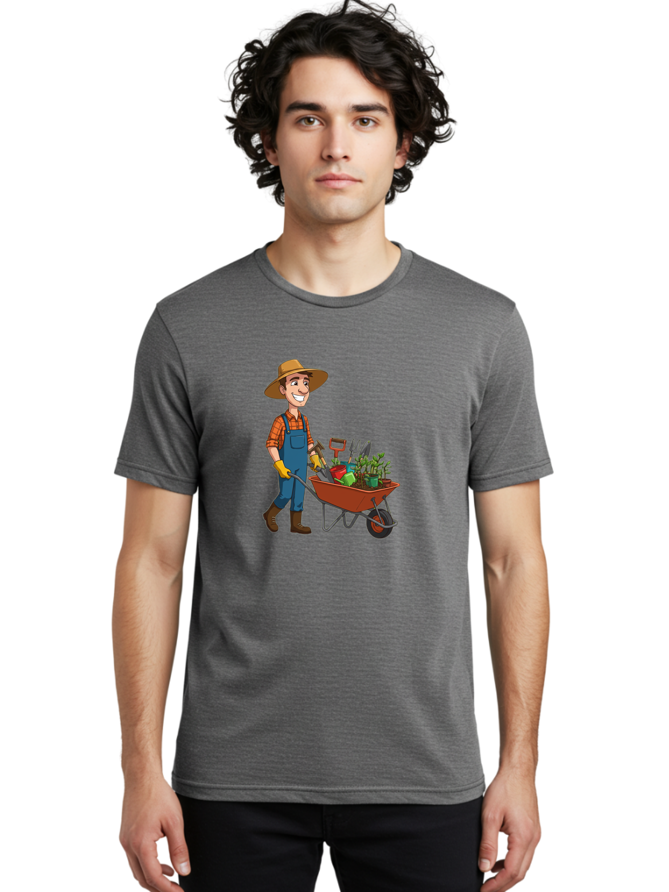 Gardener-With-Wheelbarrow Men'S Graphic Tee, 100% Cotton, Comfortable Casual Summer Wear, Machine Washable, Gardener Pushing Wheelbarrow, Gardening Tools, Plants In Pots, Farmer Wear, Overalls And Hat, Gardening Activities, Outdoor Work, Baa719