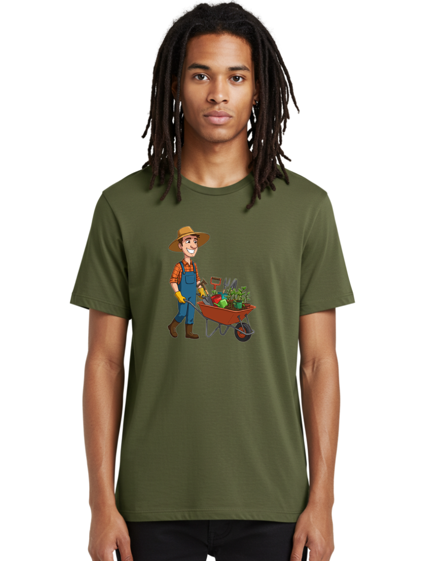 Gardener-With-Wheelbarrow Men'S Graphic Tee, 100% Cotton, Comfortable Casual Summer Wear, Machine Washable, Gardener Pushing Wheelbarrow, Gardening Tools, Plants In Pots, Farmer Wear, Overalls And Hat, Gardening Activities, Outdoor Work, Baa719