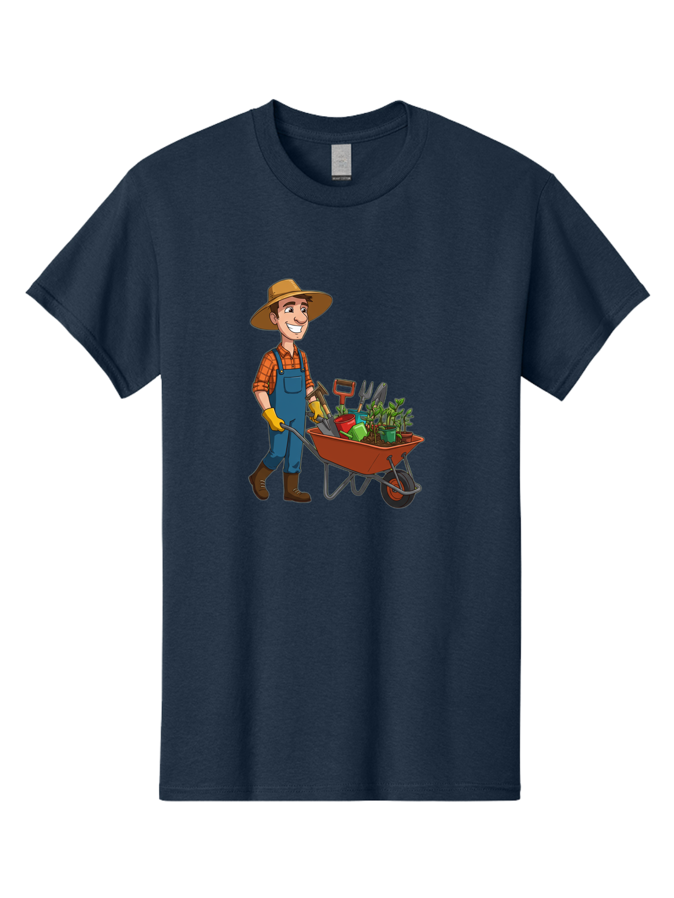 Gardener-With-Wheelbarrow Men'S Graphic Tee, 100% Cotton, Comfortable Casual Summer Wear, Machine Washable, Gardener Pushing Wheelbarrow, Gardening Tools, Plants In Pots, Farmer Wear, Overalls And Hat, Gardening Activities, Outdoor Work, Baa719