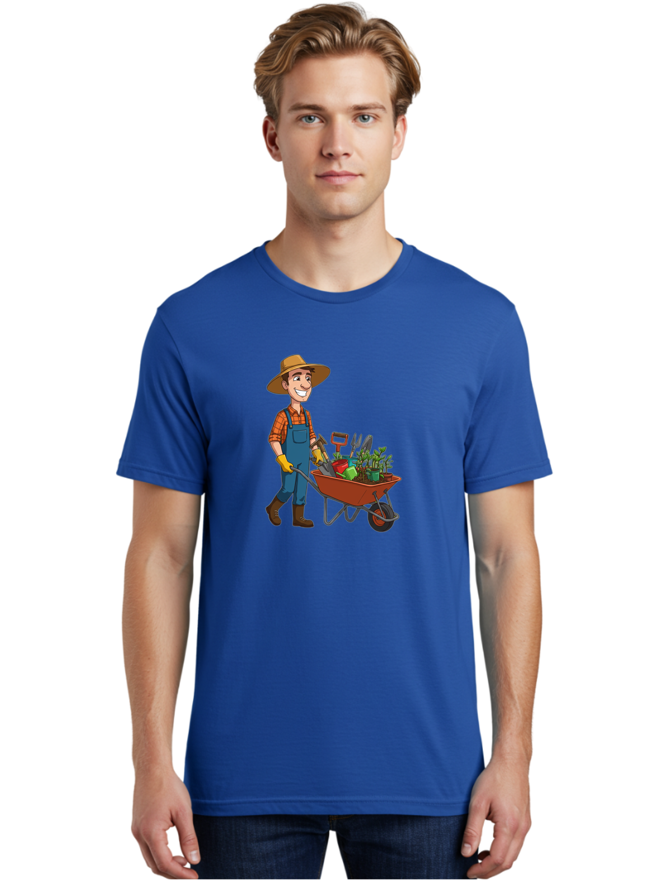Gardener-With-Wheelbarrow Men'S Graphic Tee, 100% Cotton, Comfortable Casual Summer Wear, Machine Washable, Gardener Pushing Wheelbarrow, Gardening Tools, Plants In Pots, Farmer Wear, Overalls And Hat, Gardening Activities, Outdoor Work, Baa719