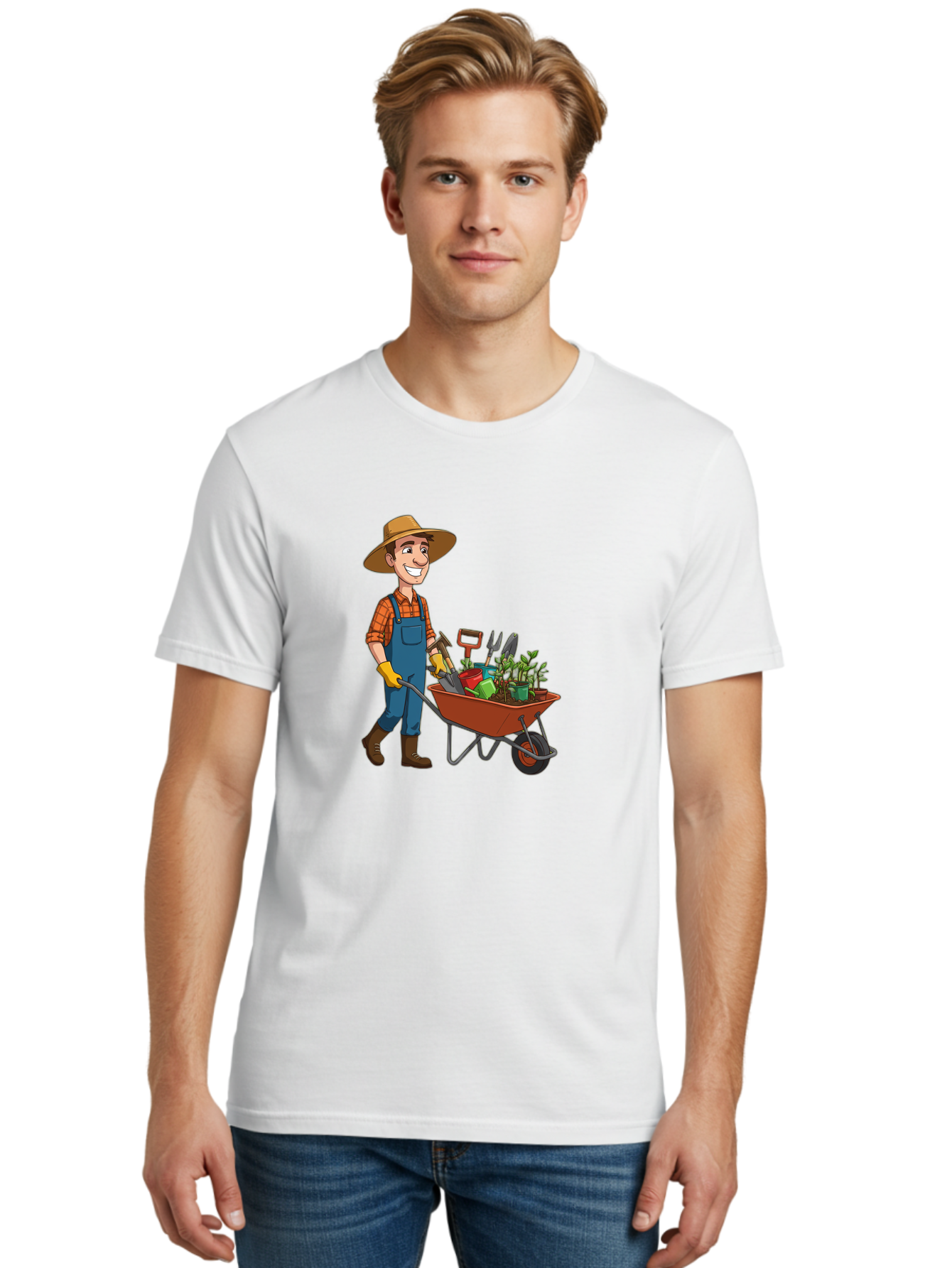 Gardener-With-Wheelbarrow Men'S Graphic Tee, 100% Cotton, Comfortable Casual Summer Wear, Machine Washable, Gardener Pushing Wheelbarrow, Gardening Tools, Plants In Pots, Farmer Wear, Overalls And Hat, Gardening Activities, Outdoor Work, Baa719