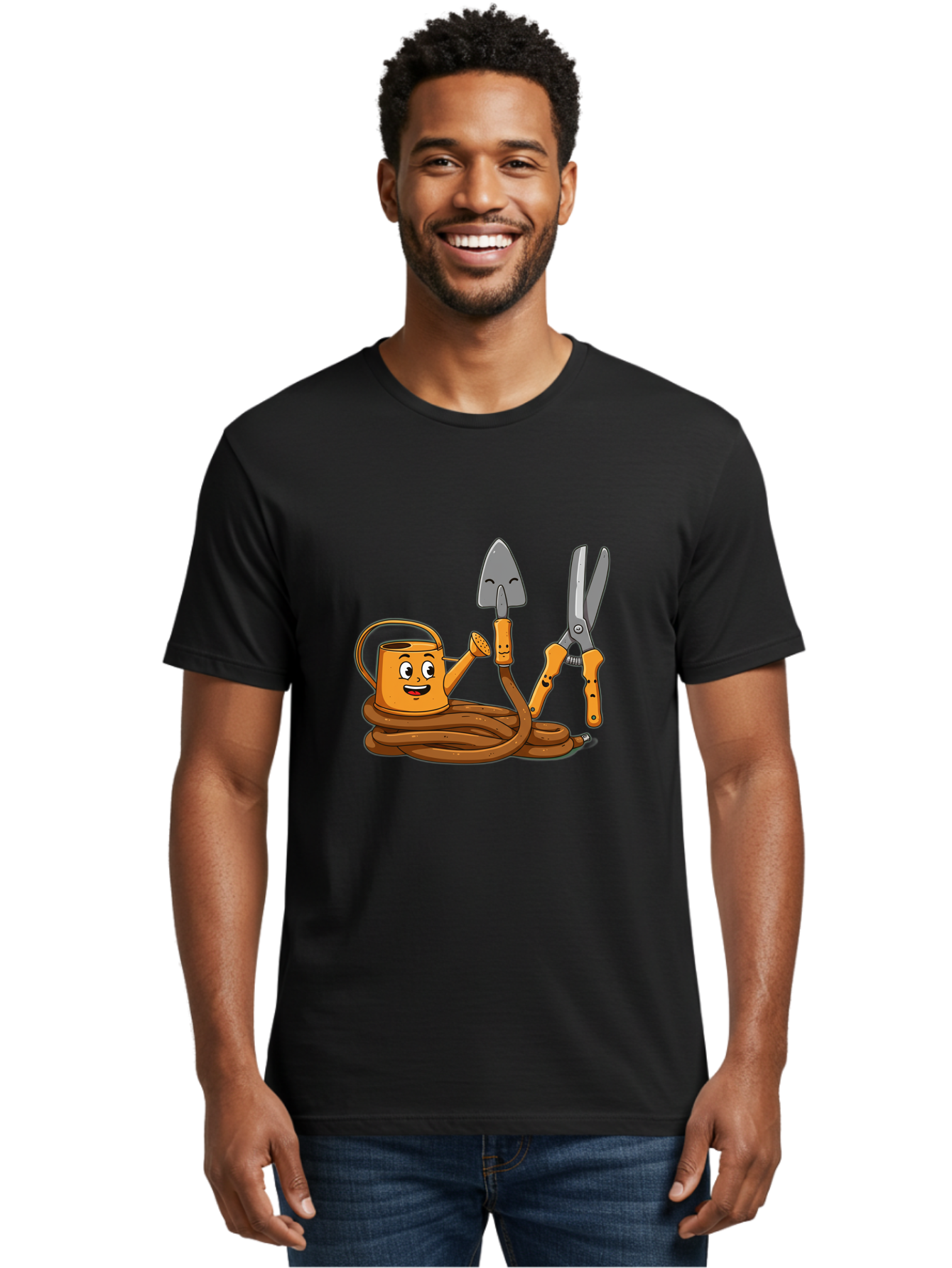 Gardening-Tools-1 Men'S Graphic Tee, 100% Cotton, Comfortable Casual Summer Wear, Machine Washable, Cartoon Watering Can, Gardening Tools, Trowel, Pruning Shears, Hose, Gardening Supplies, Garden Accessories, Plant Care, Funny Character Baa721