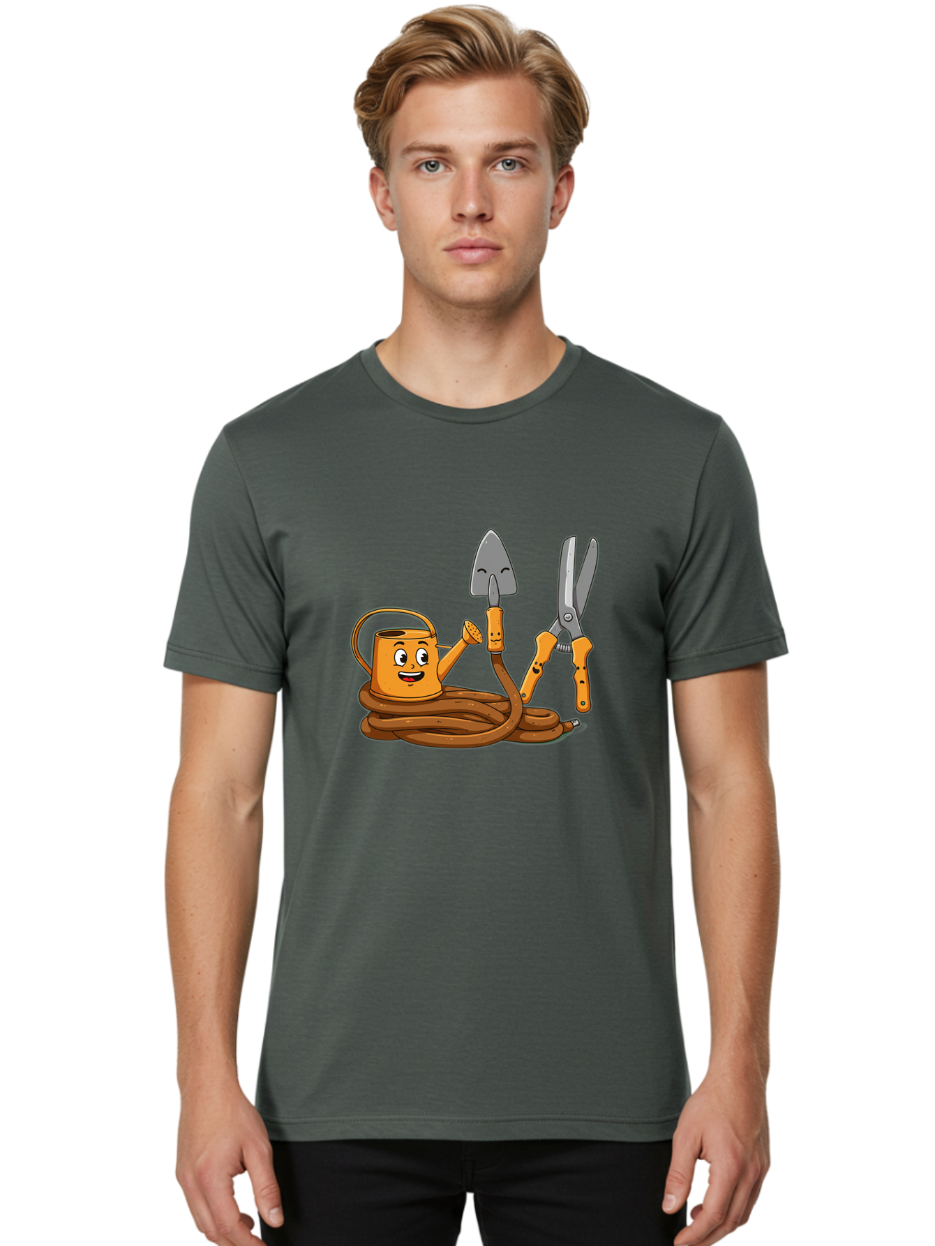 Gardening-Tools-1 Men'S Graphic Tee, 100% Cotton, Comfortable Casual Summer Wear, Machine Washable, Cartoon Watering Can, Gardening Tools, Trowel, Pruning Shears, Hose, Gardening Supplies, Garden Accessories, Plant Care, Funny Character Baa721