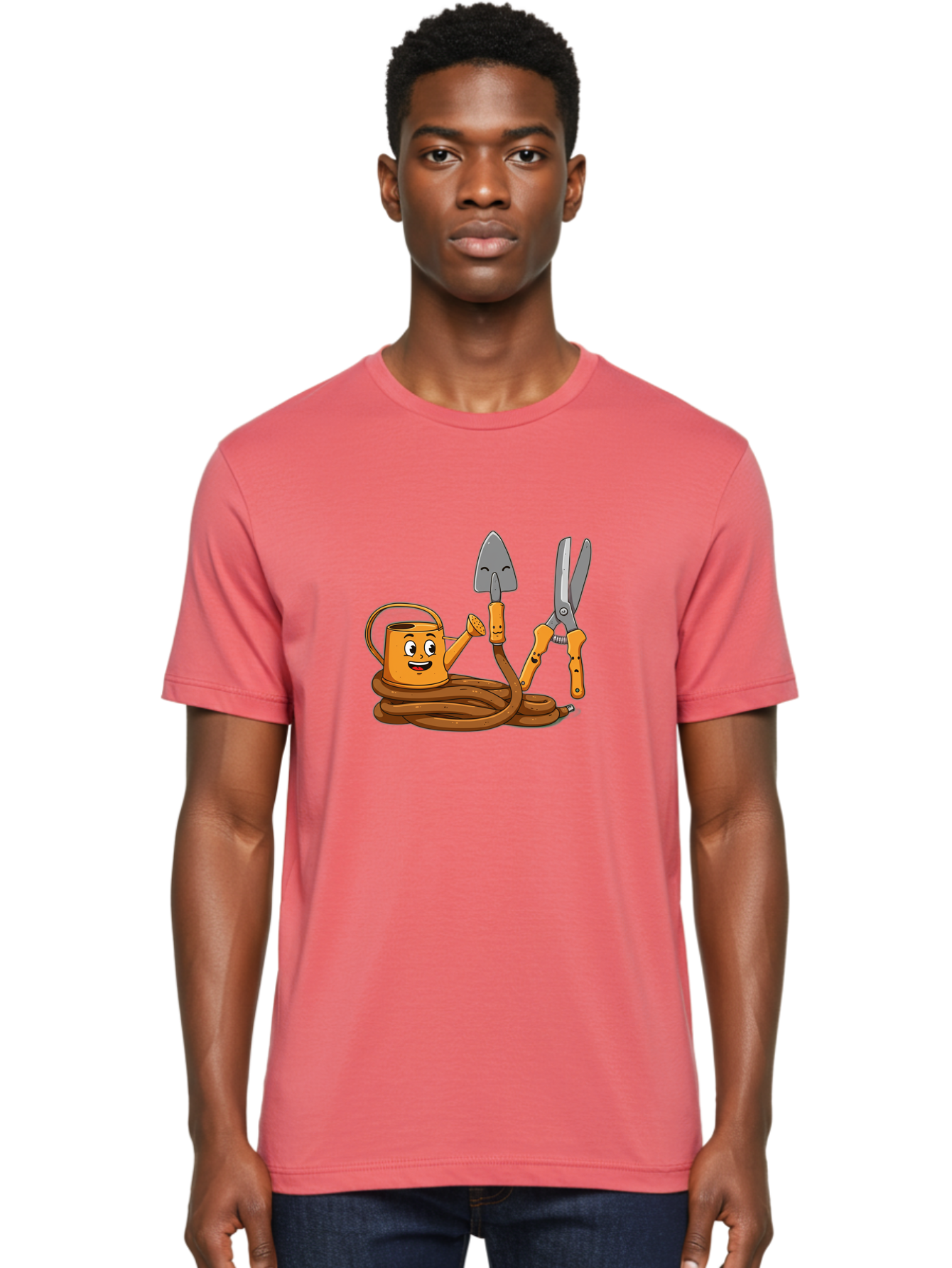Gardening-Tools-1 Men'S Graphic Tee, 100% Cotton, Comfortable Casual Summer Wear, Machine Washable, Cartoon Watering Can, Gardening Tools, Trowel, Pruning Shears, Hose, Gardening Supplies, Garden Accessories, Plant Care, Funny Character Baa721