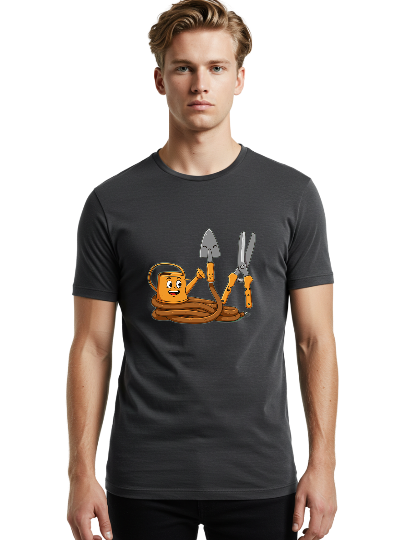 Gardening-Tools-1 Men'S Graphic Tee, 100% Cotton, Comfortable Casual Summer Wear, Machine Washable, Cartoon Watering Can, Gardening Tools, Trowel, Pruning Shears, Hose, Gardening Supplies, Garden Accessories, Plant Care, Funny Character Baa721
