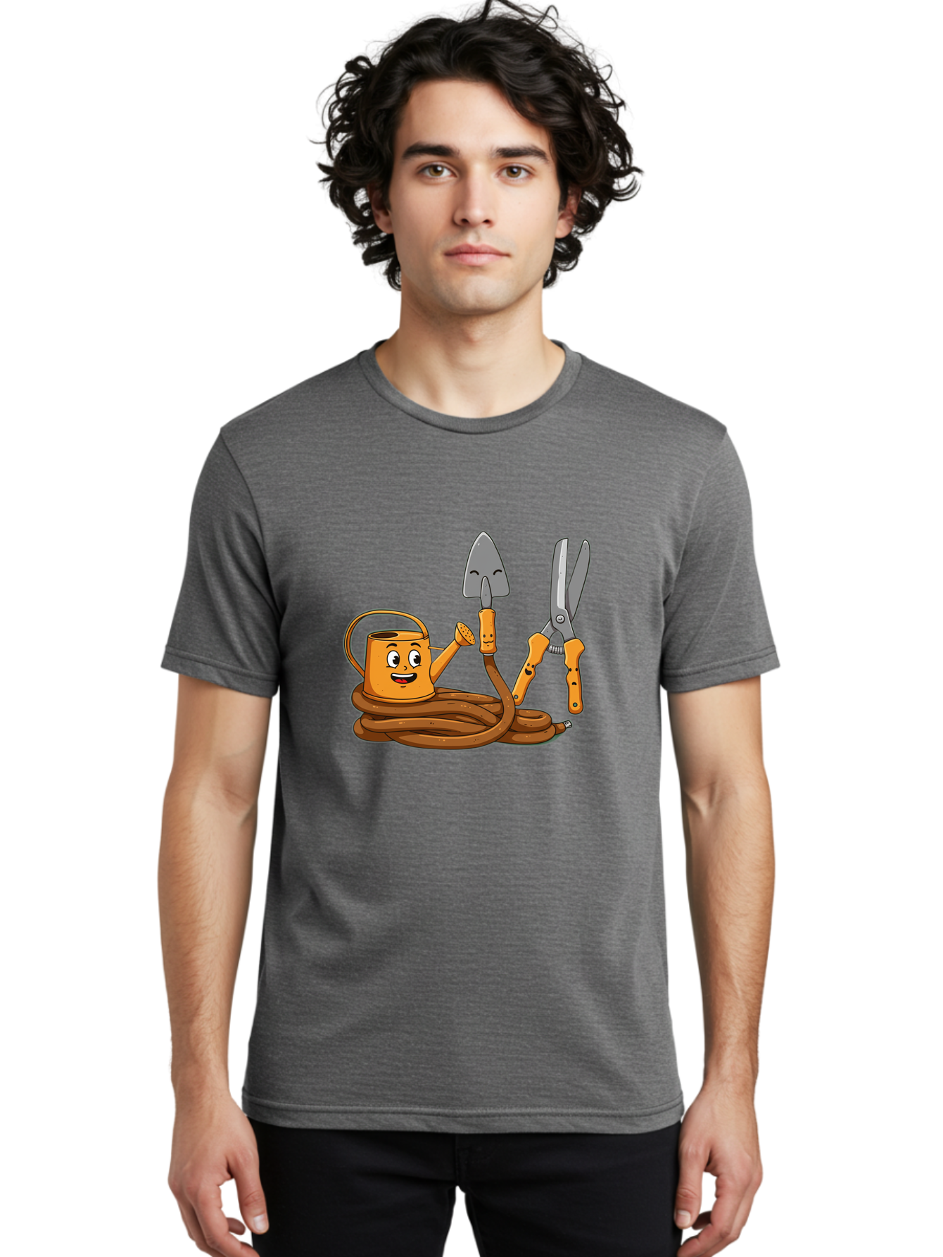 Gardening-Tools-1 Men'S Graphic Tee, 100% Cotton, Comfortable Casual Summer Wear, Machine Washable, Cartoon Watering Can, Gardening Tools, Trowel, Pruning Shears, Hose, Gardening Supplies, Garden Accessories, Plant Care, Funny Character Baa721
