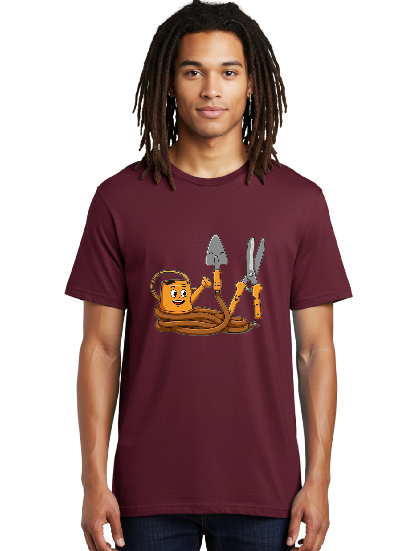Gardening-Tools-1 Men'S Graphic Tee, 100% Cotton, Comfortable Casual Summer Wear, Machine Washable, Cartoon Watering Can, Gardening Tools, Trowel, Pruning Shears, Hose, Gardening Supplies, Garden Accessories, Plant Care, Funny Character Baa721