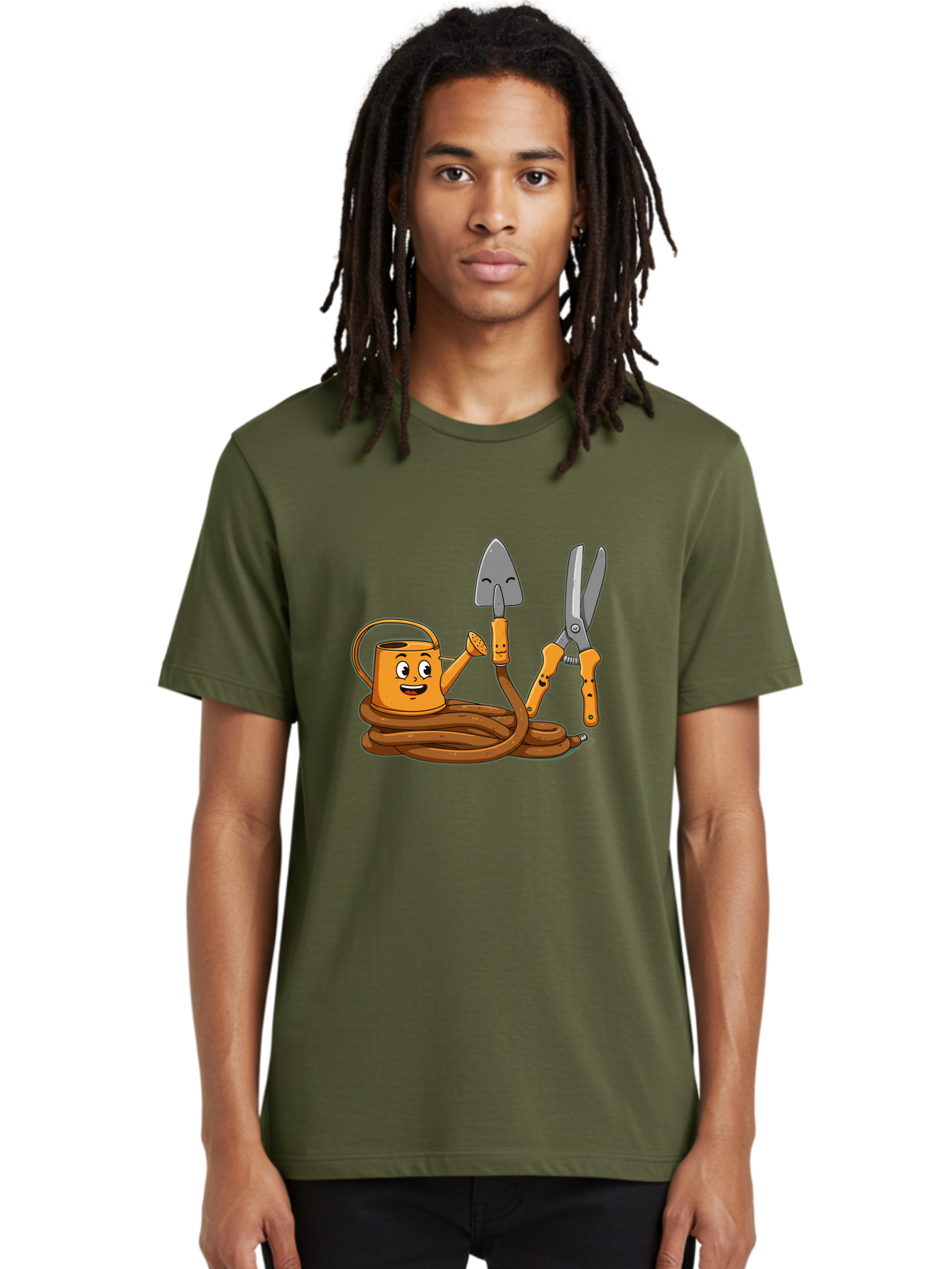 Gardening-Tools-1 Men'S Graphic Tee, 100% Cotton, Comfortable Casual Summer Wear, Machine Washable, Cartoon Watering Can, Gardening Tools, Trowel, Pruning Shears, Hose, Gardening Supplies, Garden Accessories, Plant Care, Funny Character Baa721