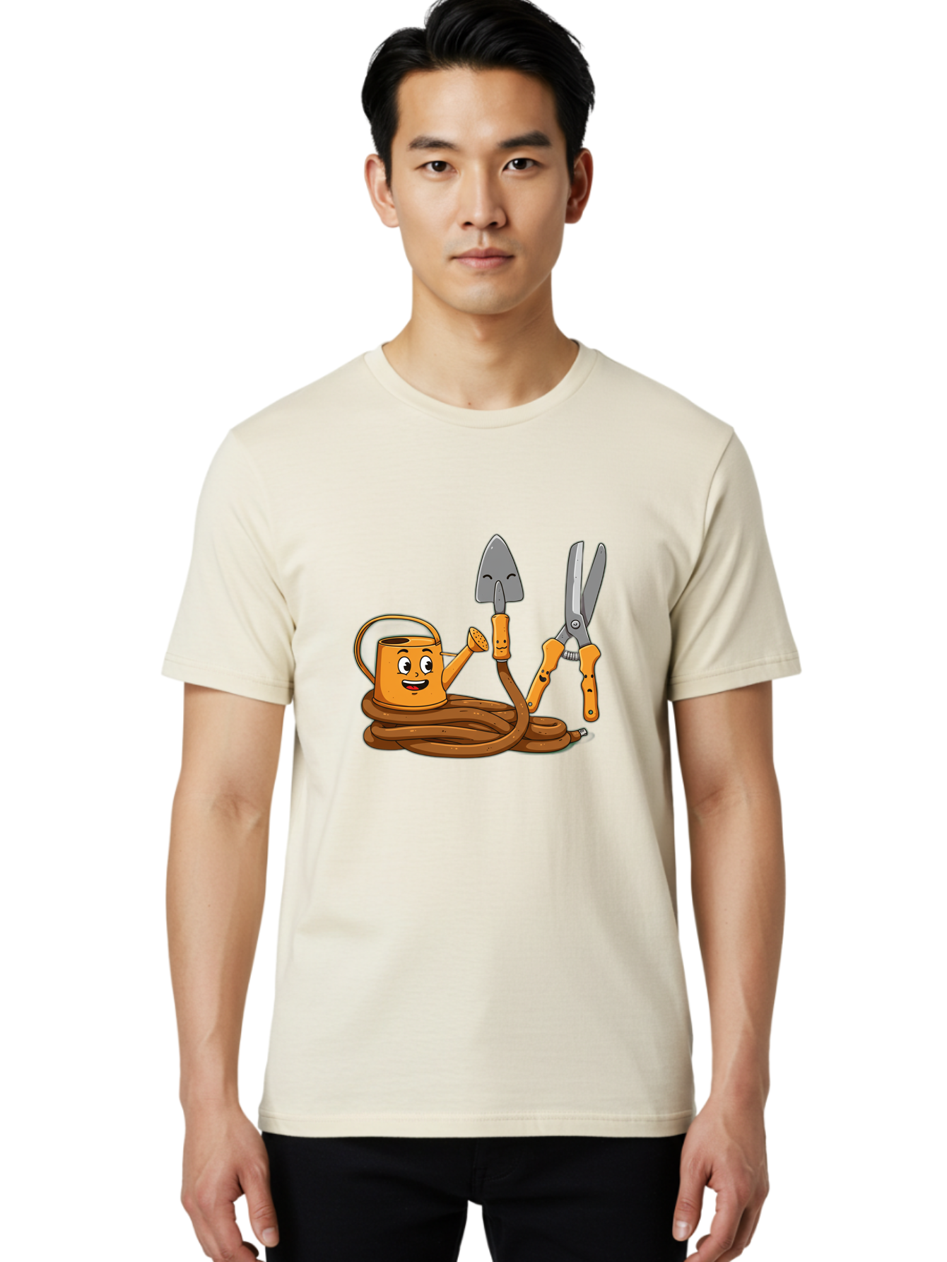 Gardening-Tools-1 Men'S Graphic Tee, 100% Cotton, Comfortable Casual Summer Wear, Machine Washable, Cartoon Watering Can, Gardening Tools, Trowel, Pruning Shears, Hose, Gardening Supplies, Garden Accessories, Plant Care, Funny Character Baa721
