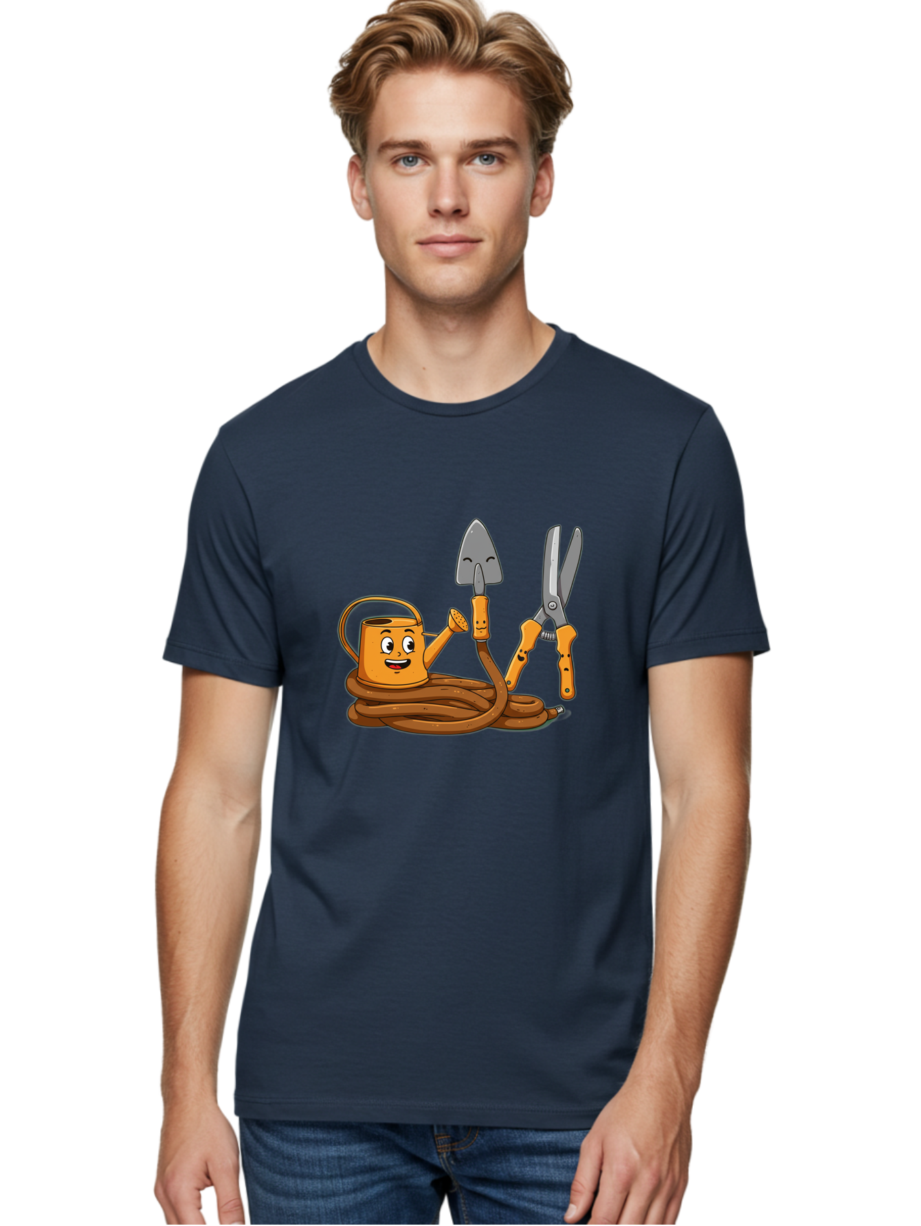 Gardening-Tools-1 Men'S Graphic Tee, 100% Cotton, Comfortable Casual Summer Wear, Machine Washable, Cartoon Watering Can, Gardening Tools, Trowel, Pruning Shears, Hose, Gardening Supplies, Garden Accessories, Plant Care, Funny Character Baa721