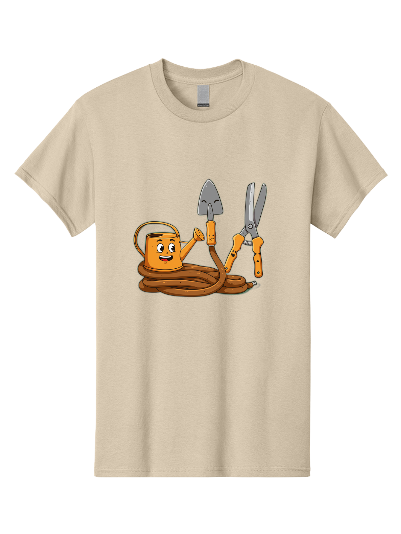 Gardening-Tools-1 Men'S Graphic Tee, 100% Cotton, Comfortable Casual Summer Wear, Machine Washable, Cartoon Watering Can, Gardening Tools, Trowel, Pruning Shears, Hose, Gardening Supplies, Garden Accessories, Plant Care, Funny Character Baa721