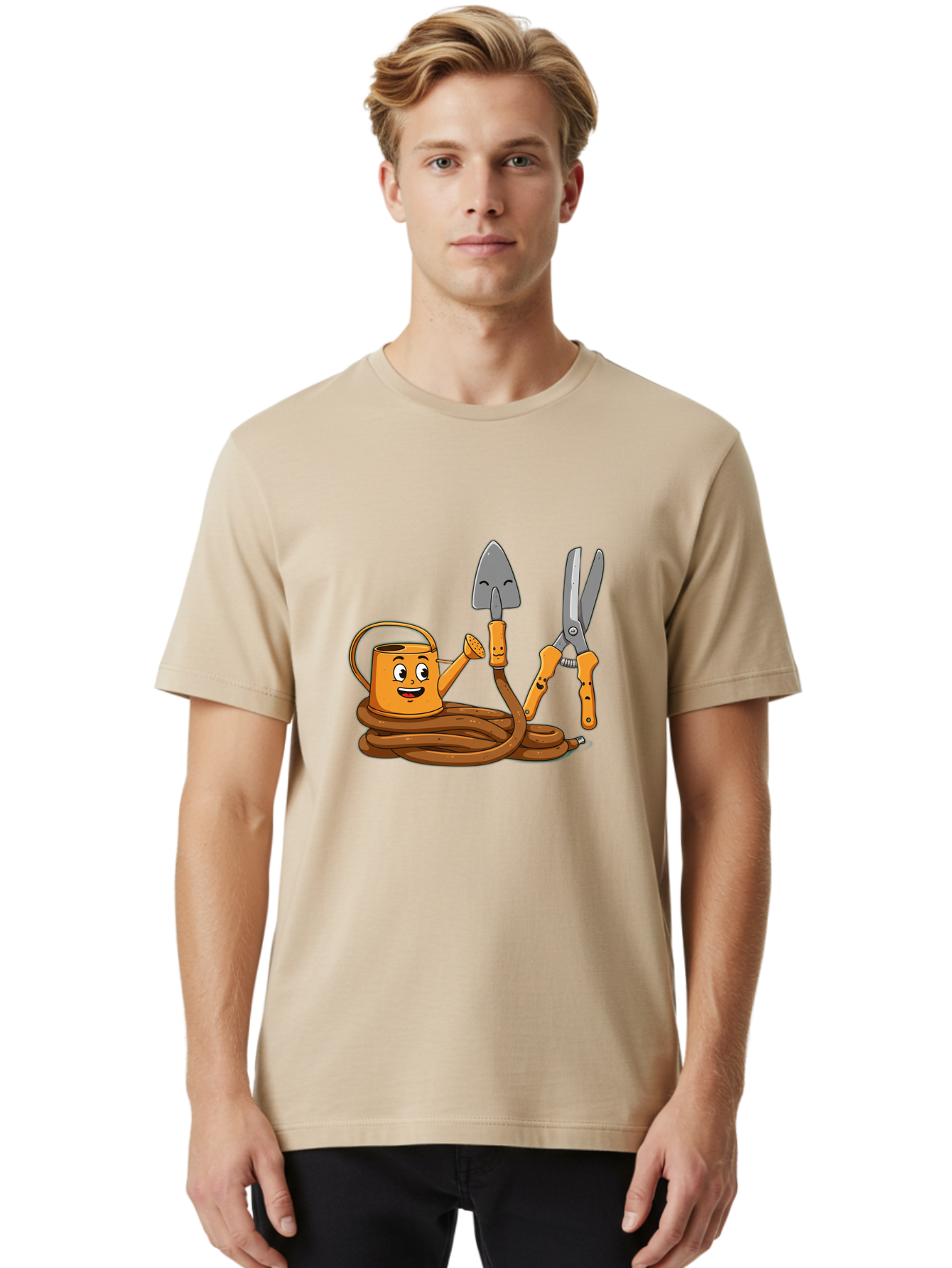 Gardening-Tools-1 Men'S Graphic Tee, 100% Cotton, Comfortable Casual Summer Wear, Machine Washable, Cartoon Watering Can, Gardening Tools, Trowel, Pruning Shears, Hose, Gardening Supplies, Garden Accessories, Plant Care, Funny Character Baa721