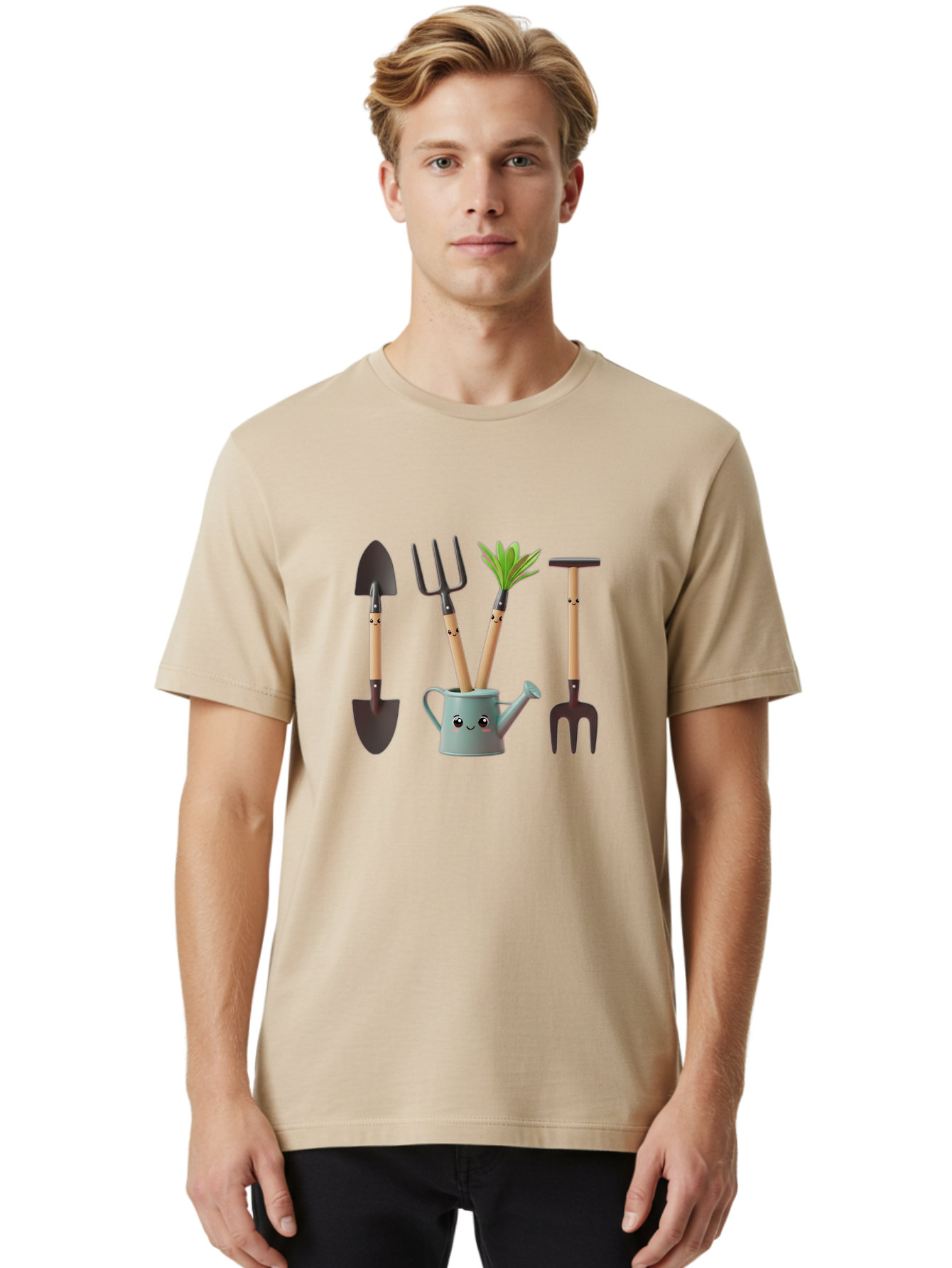 Gardening-Tools-2 Men'S Graphic Tee, 100% Cotton, Comfortable Casual Summer Wear, Machine Washable, Gardening Tools, Shovel, Pitchfork, Trowel, Garden Fork, Watering Can, Anthropomorphic, Gardening Accessories, Green Thumb Baa722