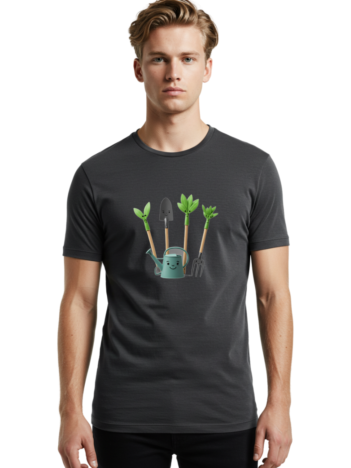 Gardening-Tools-3 Men'S Graphic Tee, 100% Cotton, Comfortable Casual Summer Wear, Machine Washable, Gardening Tools, Watering Can, Garden Shovel, Garden Pitchfork, Bamboo Shoots, Gardening Supplies, Gardening Accessories, Cartoon Gardening Baa723