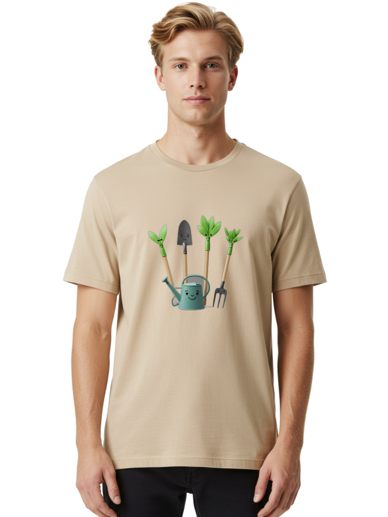 Gardening-Tools-3 Men'S Graphic Tee, 100% Cotton, Comfortable Casual Summer Wear, Machine Washable, Gardening Tools, Watering Can, Garden Shovel, Garden Pitchfork, Bamboo Shoots, Gardening Supplies, Gardening Accessories, Cartoon Gardening Baa723