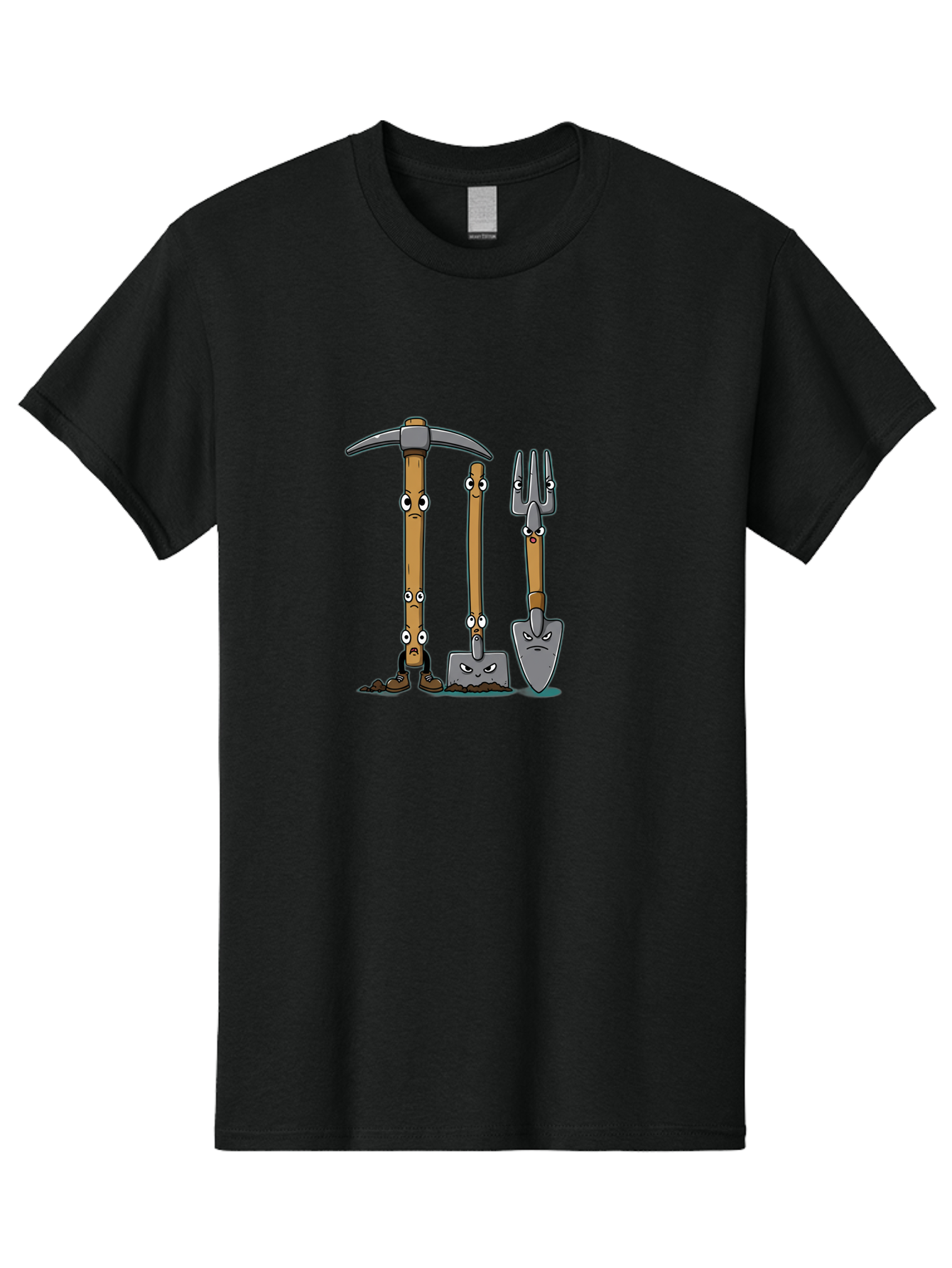 Gardening-Tools-4 Men'S Graphic Tee, 100% Cotton, Comfortable Casual Summer Wear, Machine Washable, Gardening Tools, Pickaxe, Shovel, Rake, Cartoon Characters, Anthropomorphic Objects, Grumpy Faces, Gardening Equipment, Funny Illustrations, Baa724
